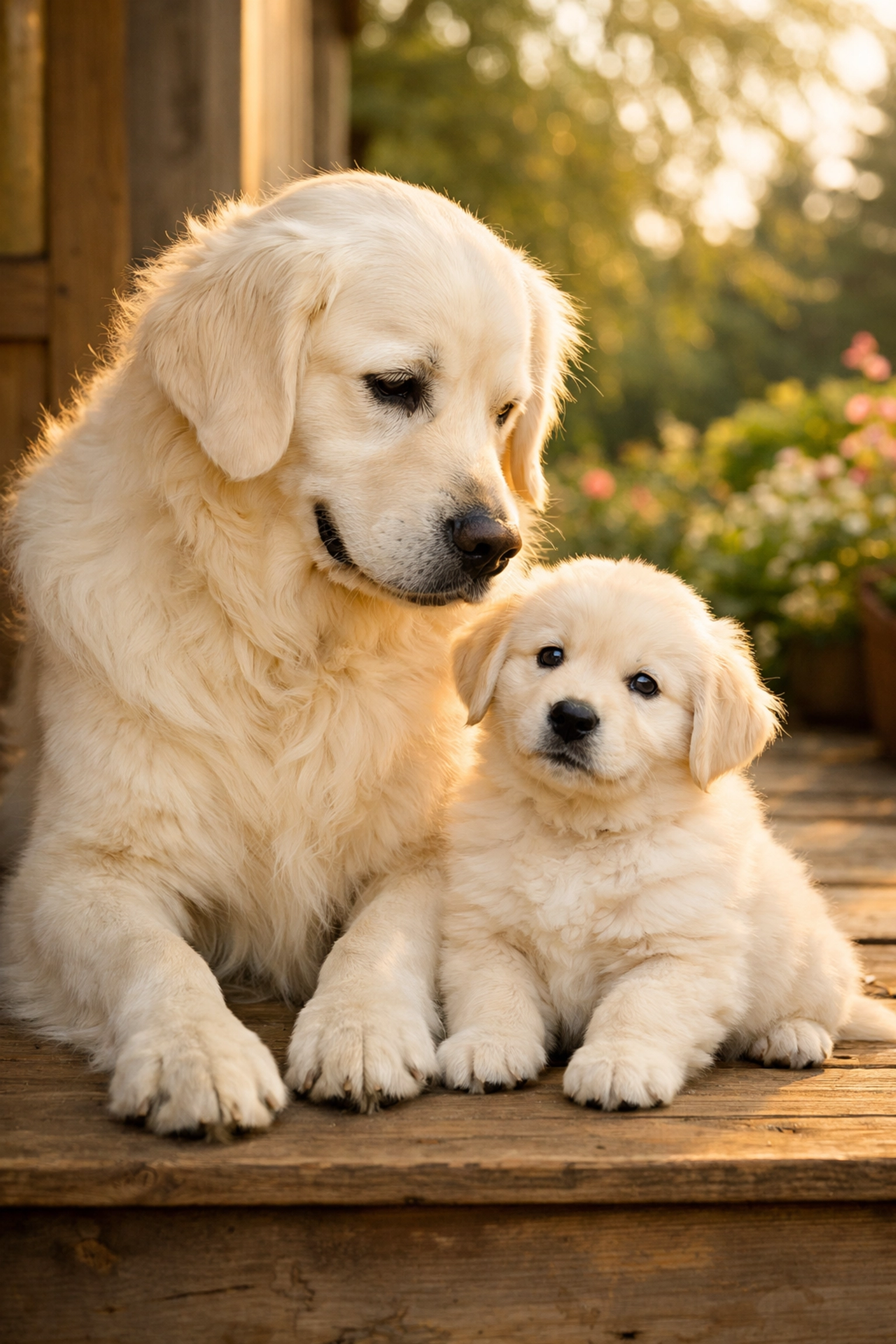 Health tested English Cream Golden Retriever adult and puppy sitting on a porch in Boring, Oregon.