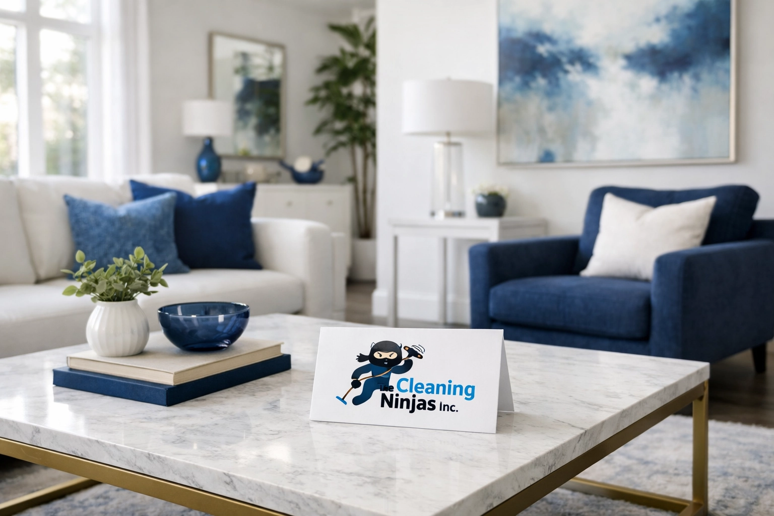 Modern minimalist living room with white sofa and blue pillows after a weekly house cleaning service.