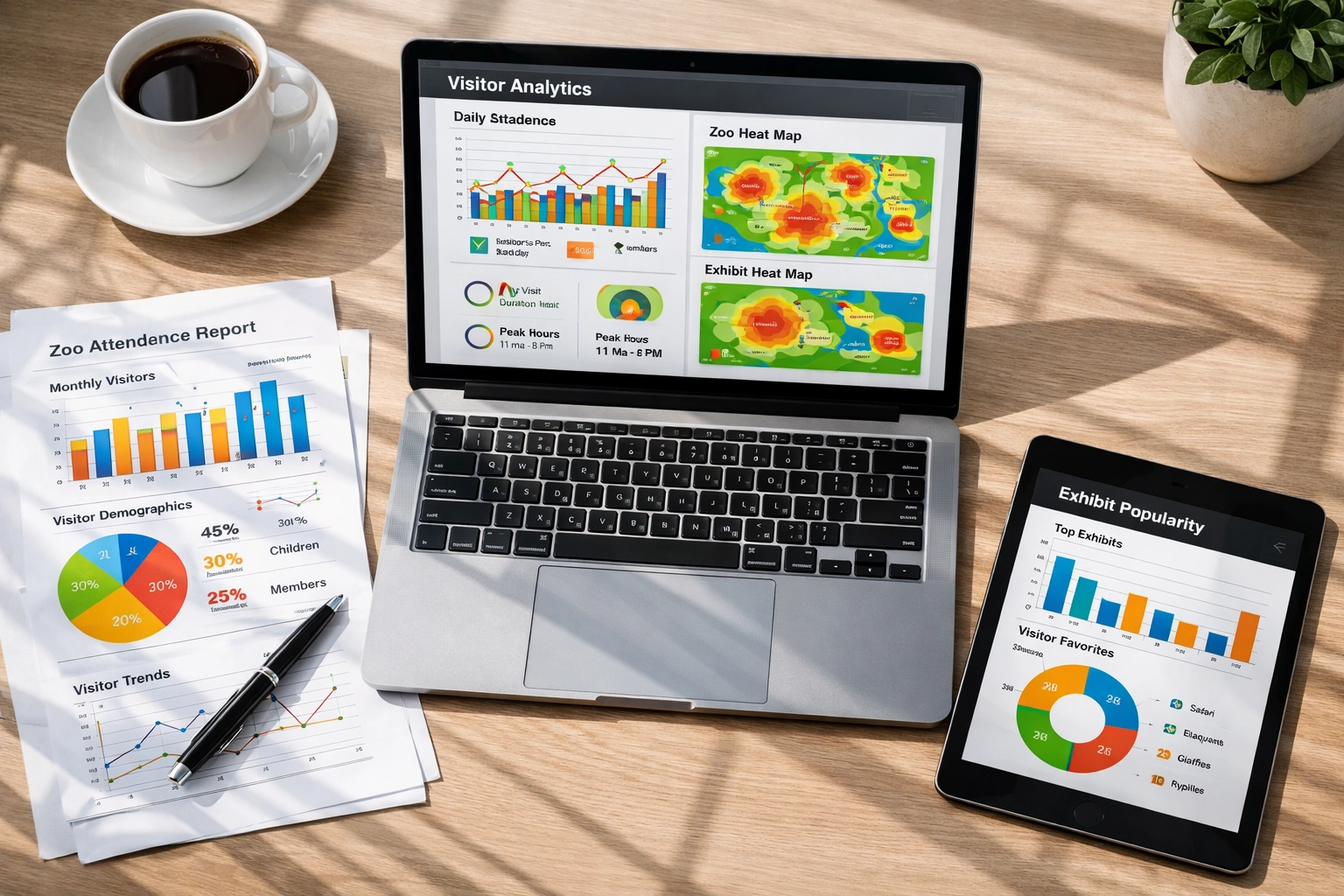 Zoo visitor analytics dashboard showing attendance data and exhibit popularity metrics