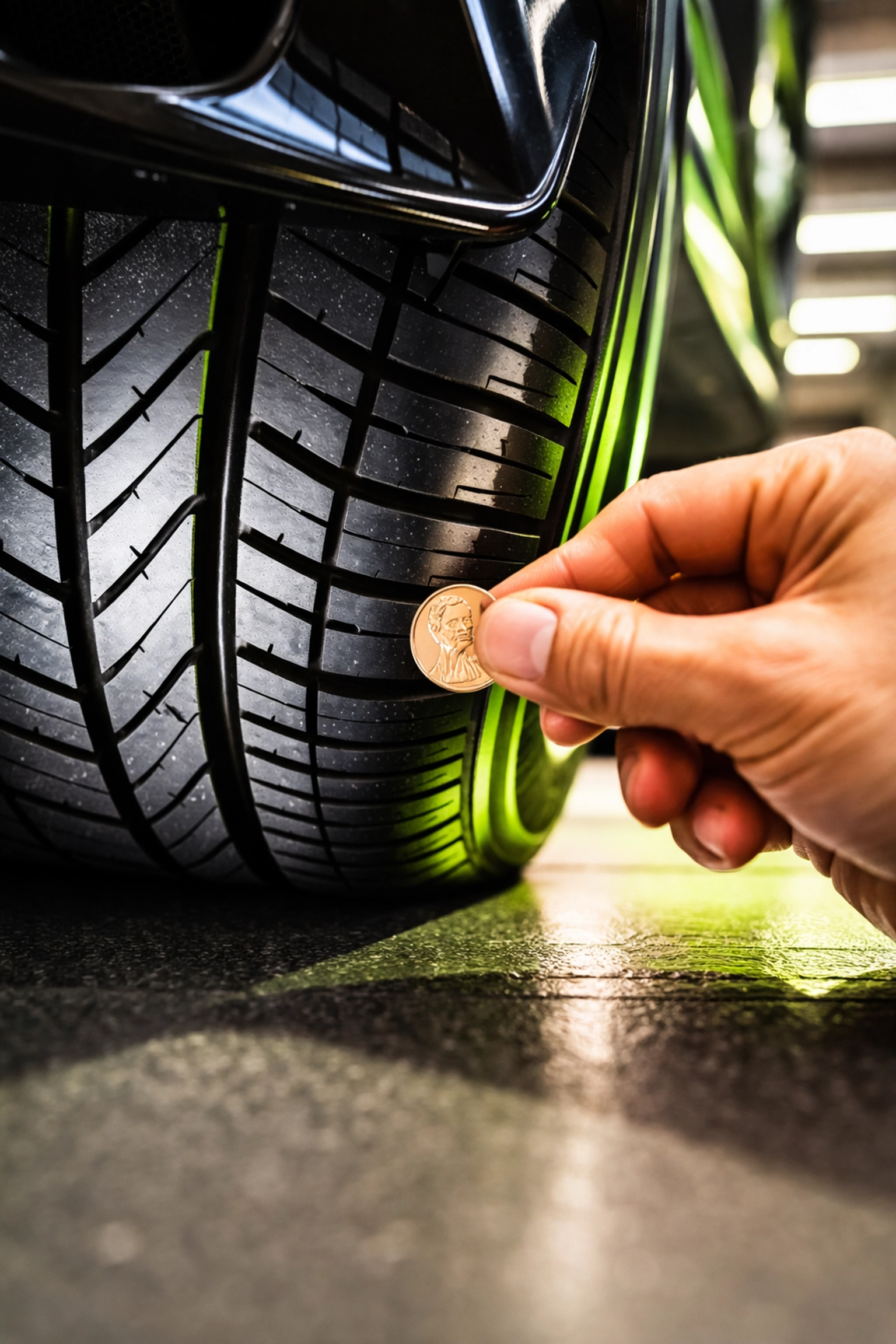 Close-up of a hand using a penny to check car tire tread depth before Missouri safety inspection.