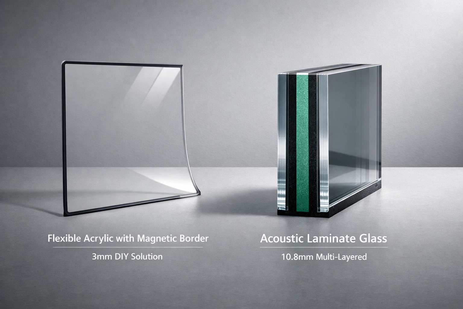 Comparison between lightweight DIY acrylic glazing and professional 10.8mm acoustic laminate glass.
