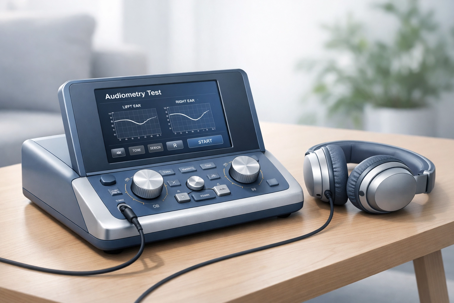 Portable hearing test equipment and headphones on a coffee table for mobile audiology home visits.