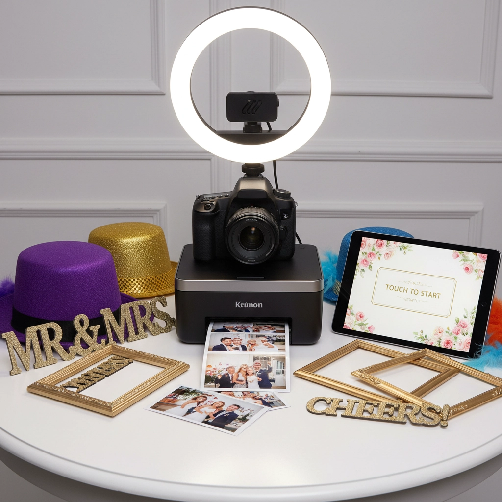 Photography setup on a table with a camera, ring light, tablet displaying "TOUCH TO START," colorful hats, frames, and photo prints.