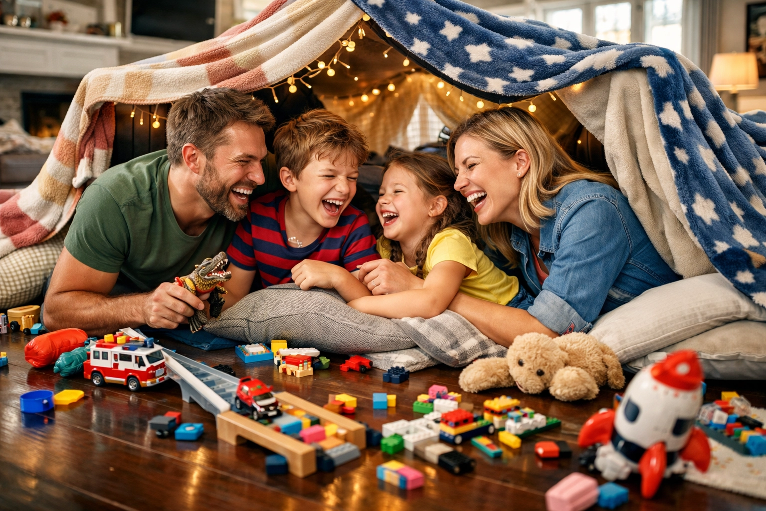 Happy family playing on clean floors, showcasing the reclaimed weekend time provided by professional cleaners.