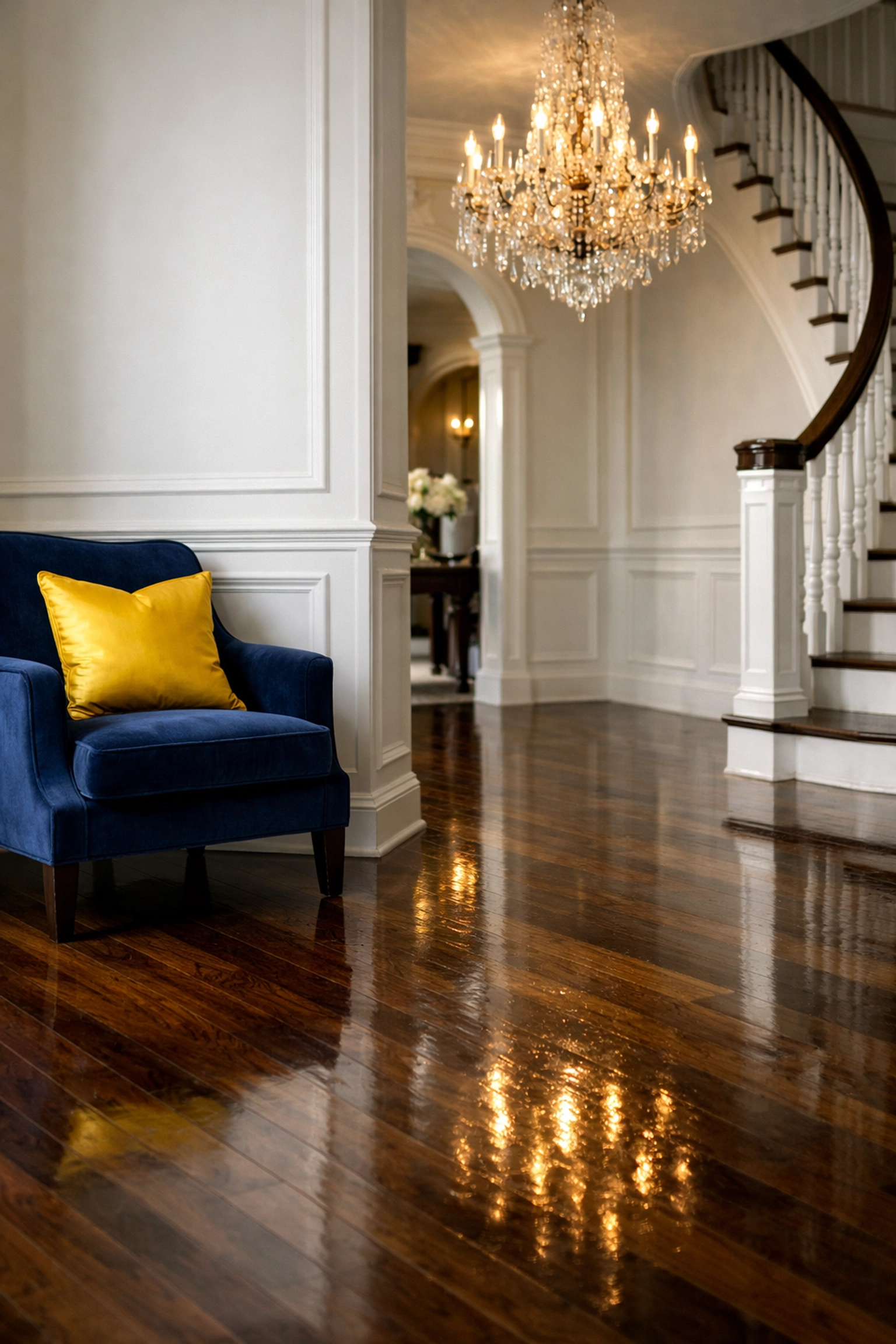 Gleaming dark walnut floors in a grand foyer, showcasing expert luxury house cleaning in Wenham for large estates.