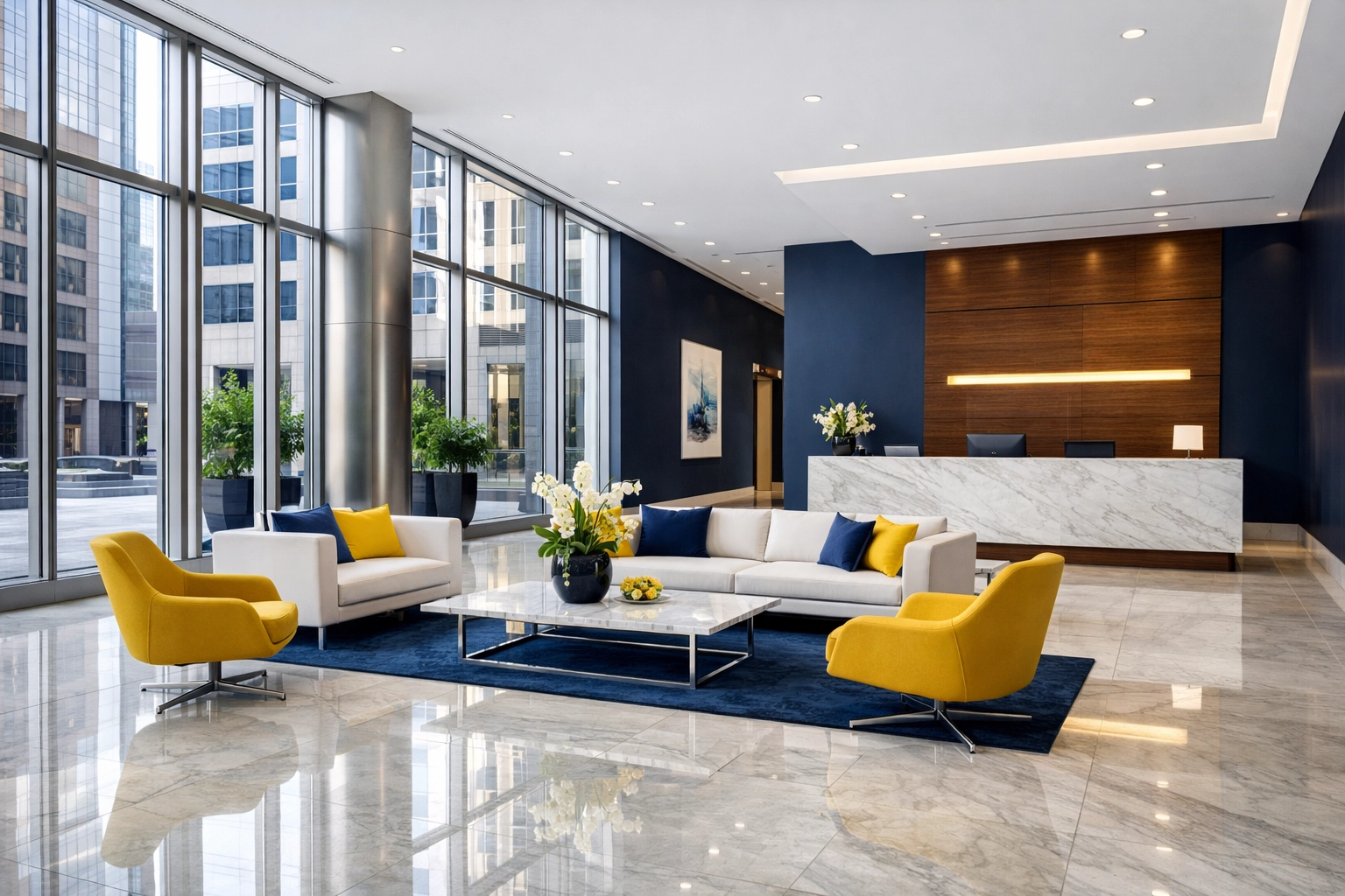 Clean corporate lobby with polished floors showcasing the quality of janitorial services Massachusetts businesses trust.