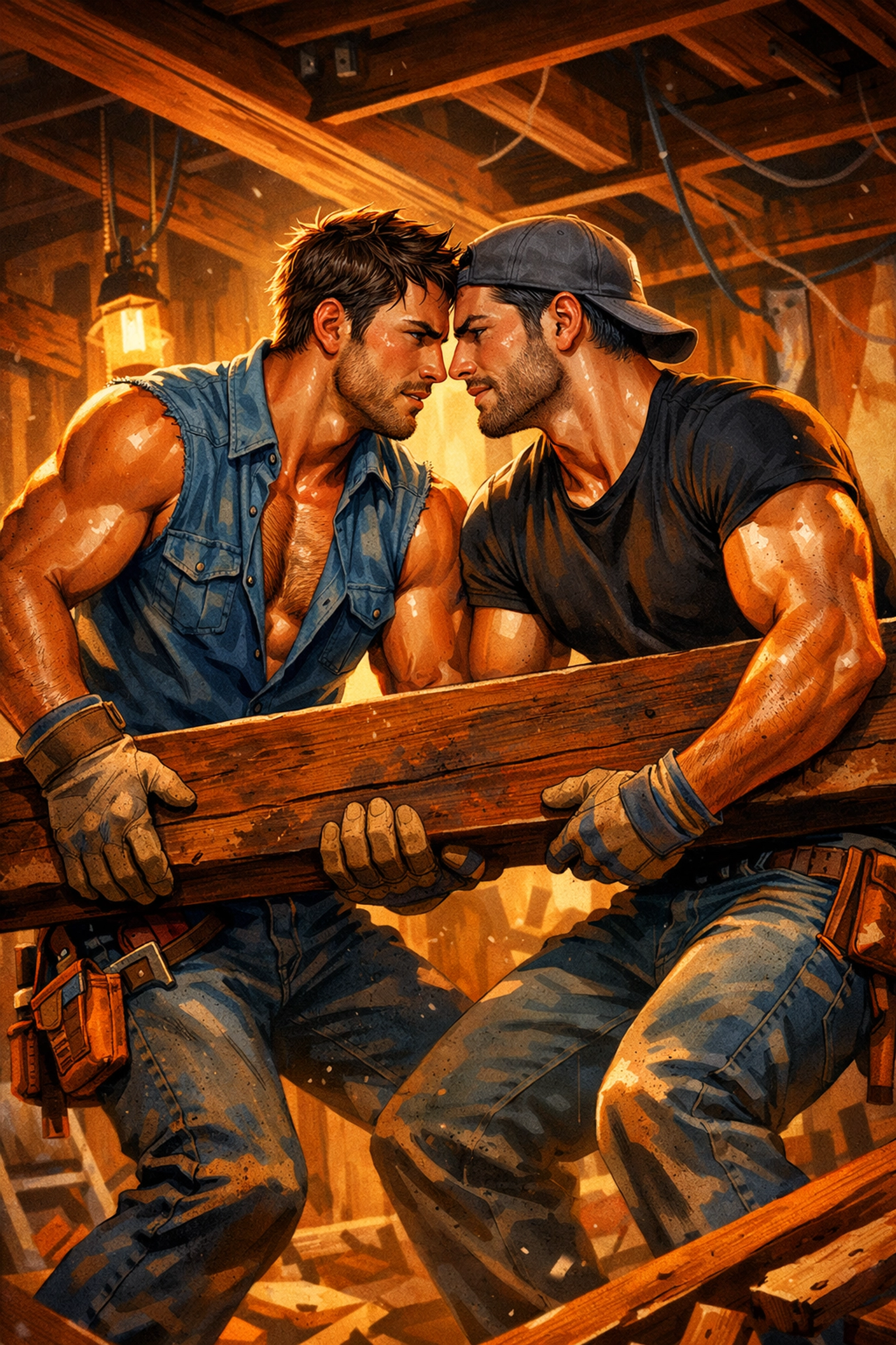 Two men lifting a beam together during a renovation, highlighting a forced proximity moment in a gay love story.