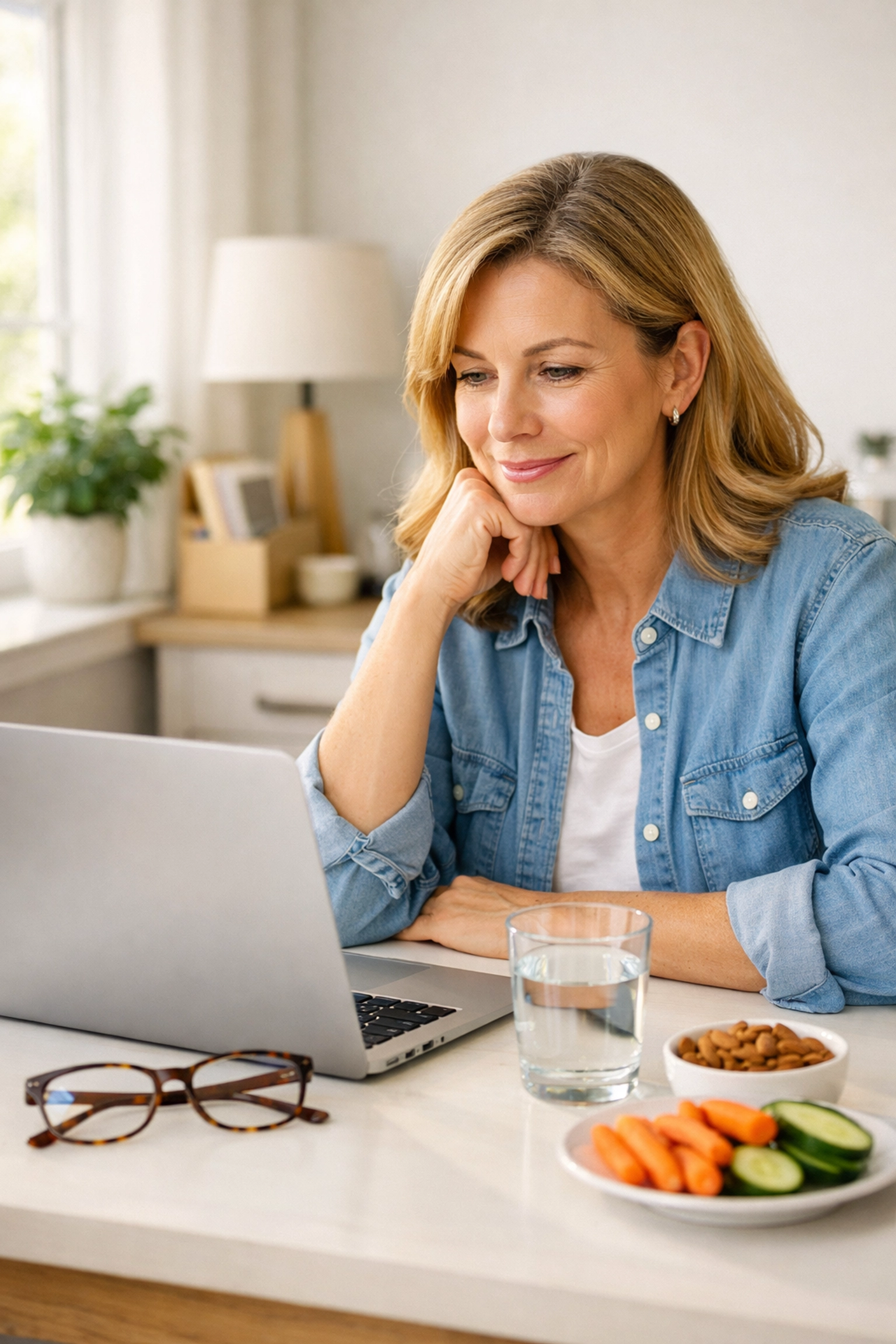 Woman over 40 working at computer demonstrating the need for lutein supplement for eye health