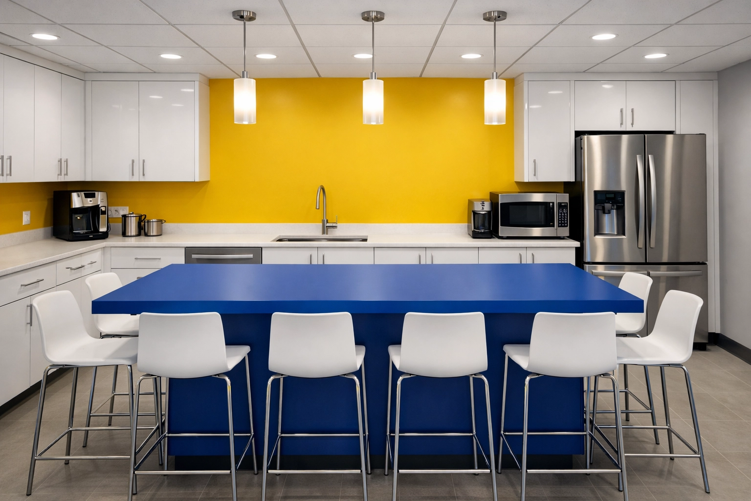 Professionally cleaned office breakroom in Milford with spotless white cabinetry and quartz countertops.