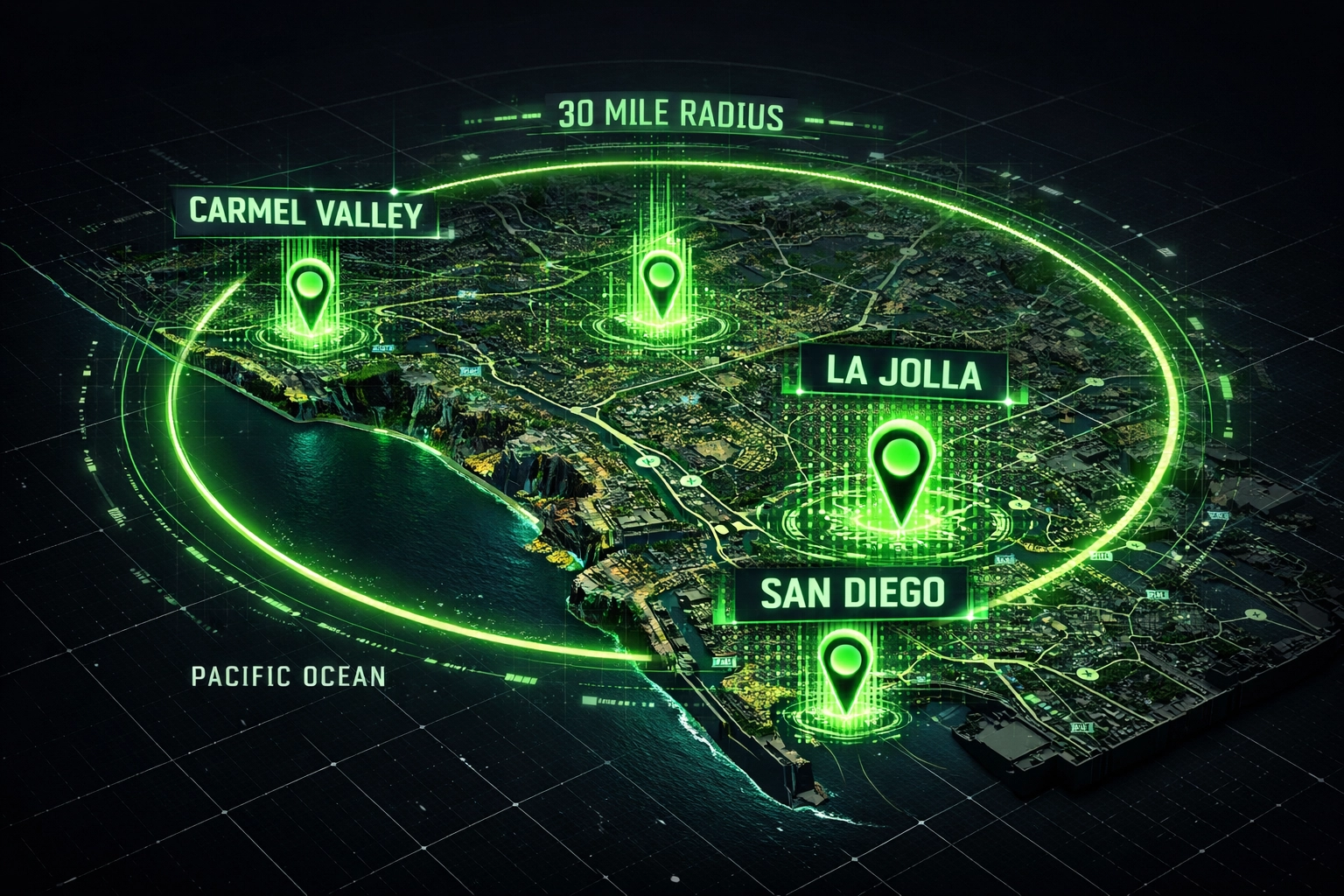 Digital map highlighting San Diego landscaping search dominance in La Jolla and Carmel Valley.