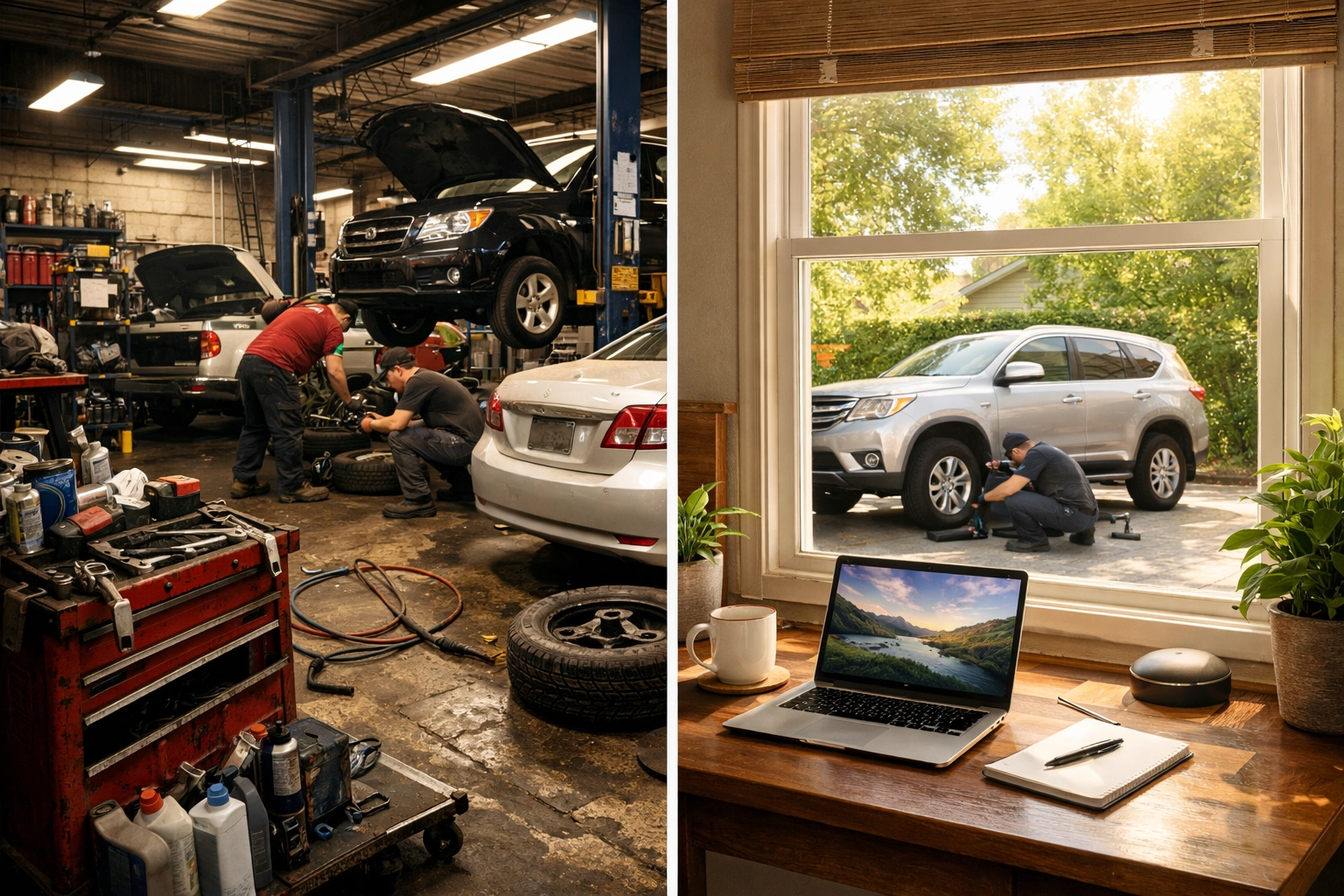 Mobile oil change convenience vs traditional auto shop - working from home while car is serviced