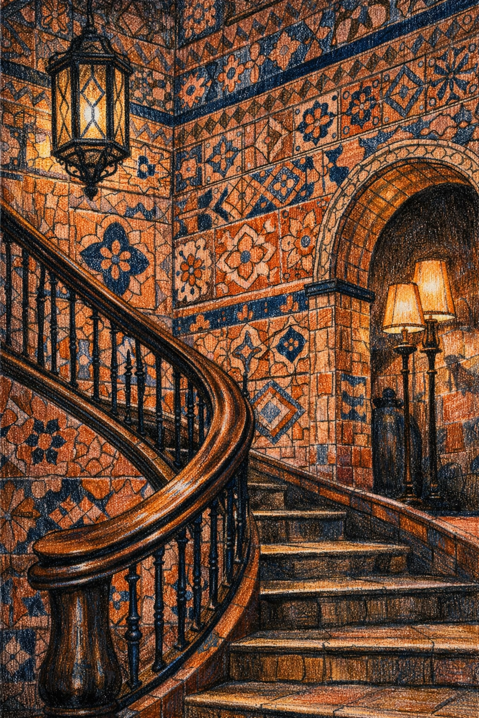 Luxury hospitality design featuring hand-painted tiles on a grand boutique hotel staircase.