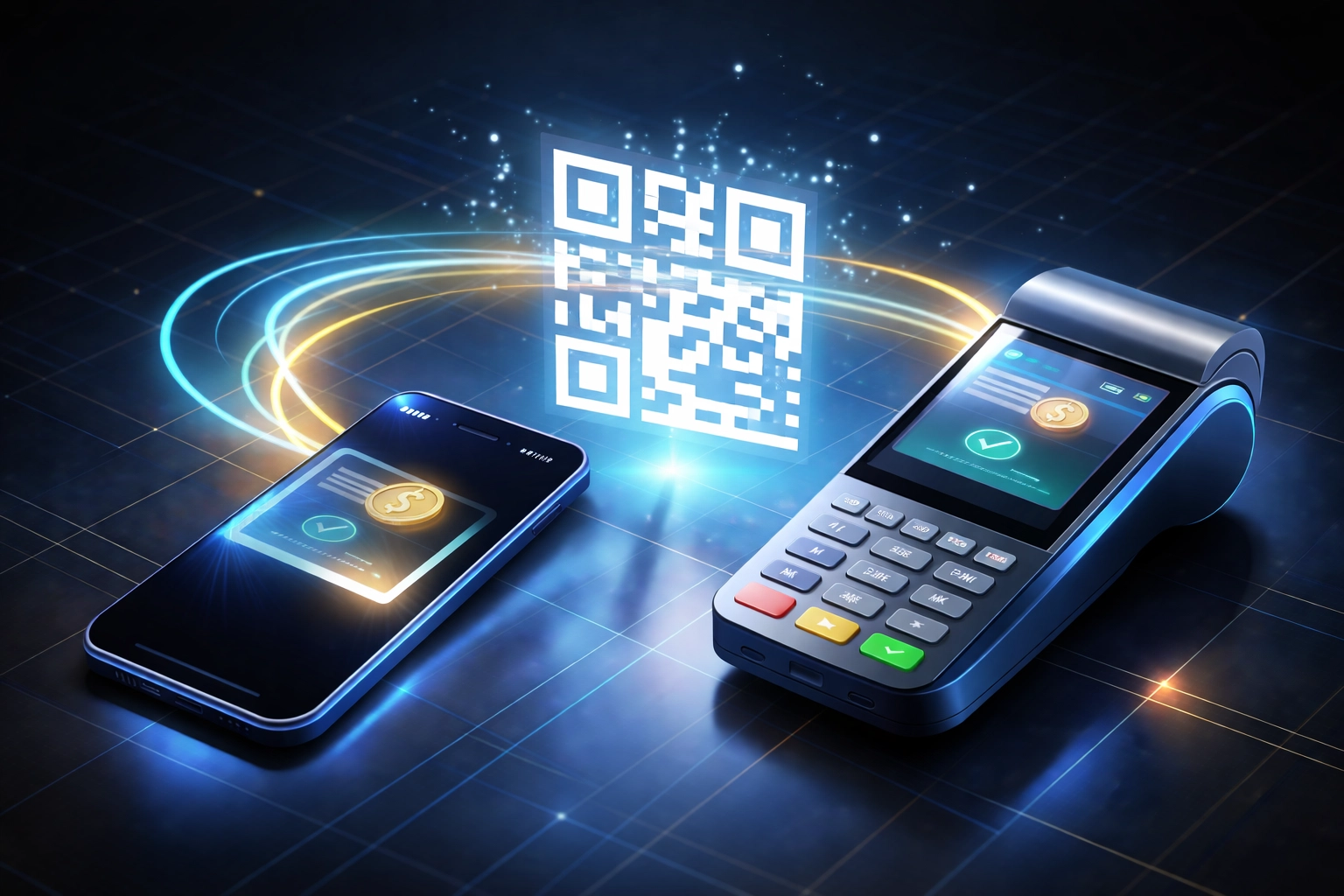 Visualizing a seamless crypto payment as a QR code connects a smartphone and POS system, representing blockchain merchant transactions.
