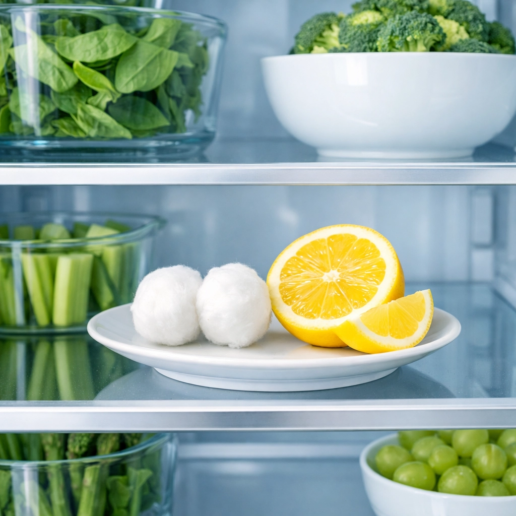 Fresh lemon slices on a saucer in a clean luxury refrigerator to remove food odors naturally.