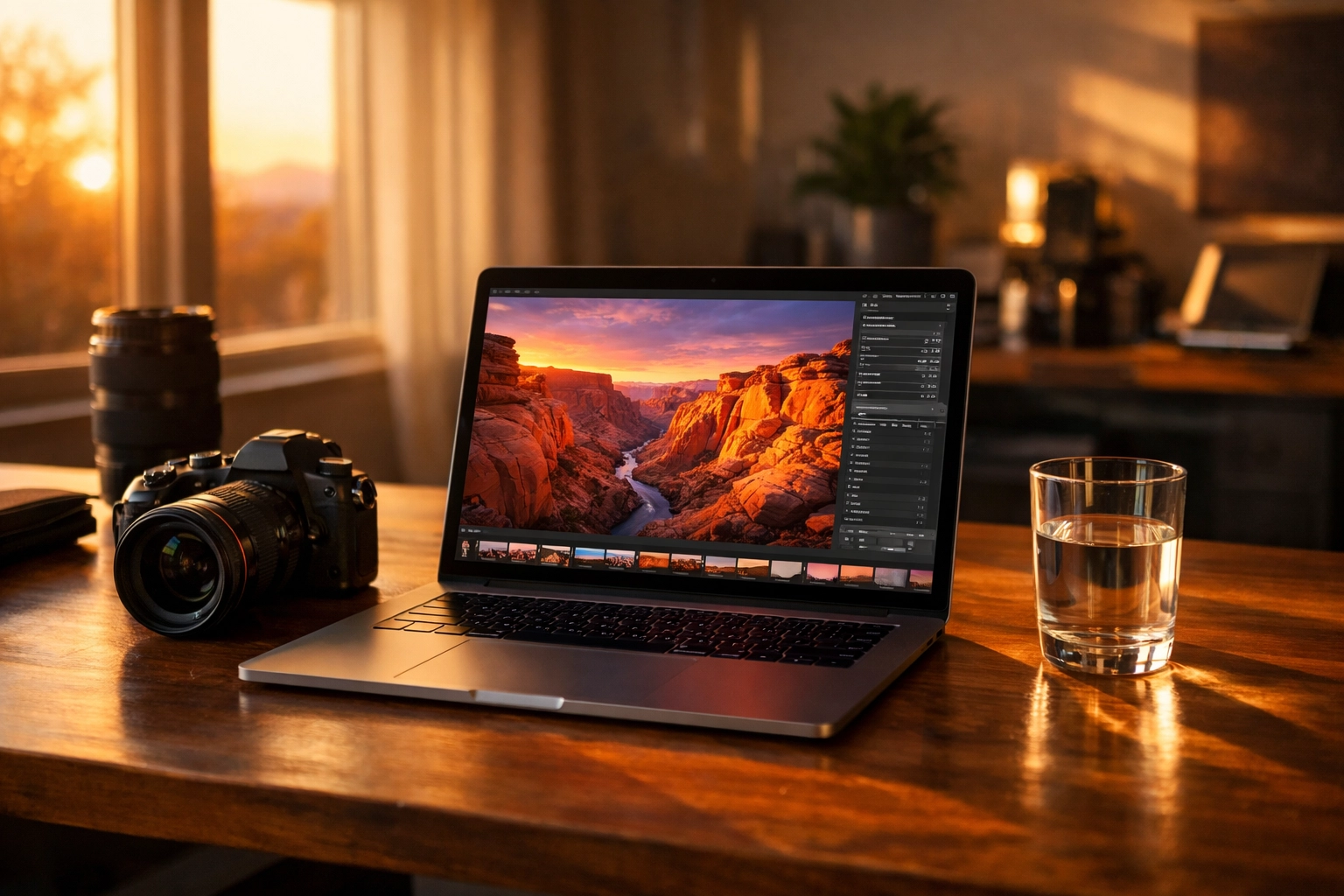 Professional photography workspace with a camera and laptop used for fast gallery image compression.