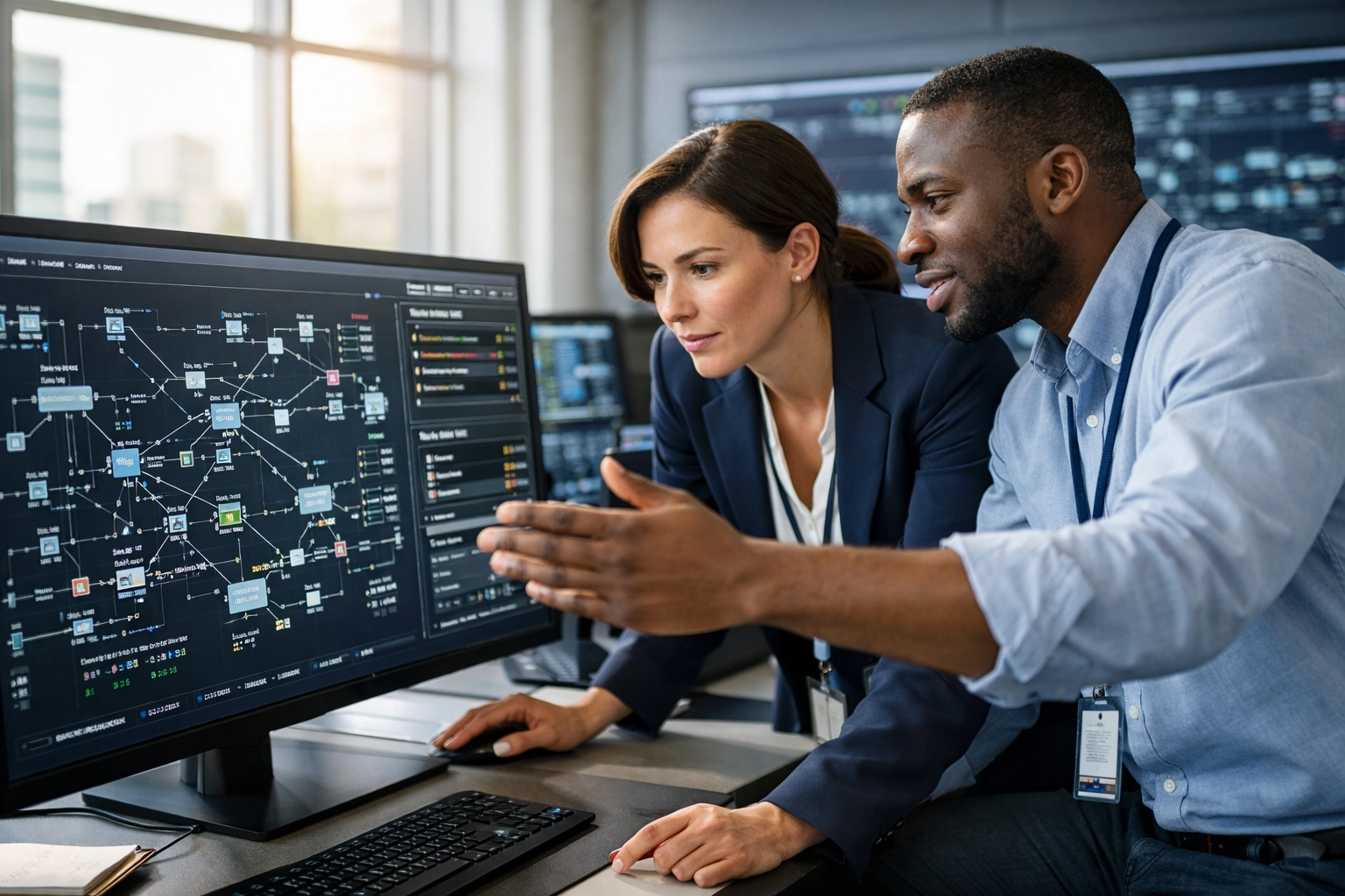 Professional IT team in a modern NOC discussing architectural governance for ServiceNow Zurich automation.