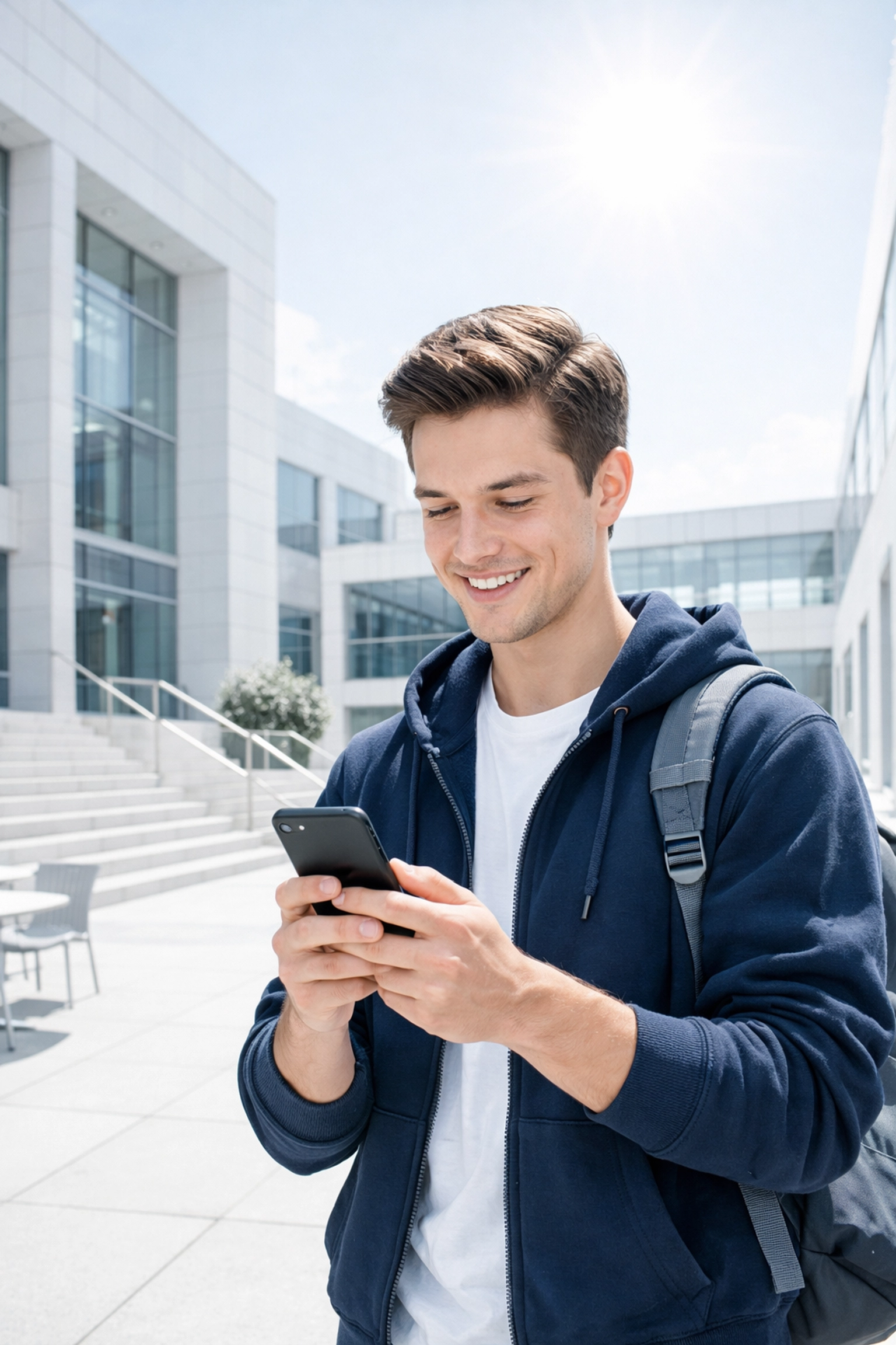 Happy student on campus receiving enrollment notifications from ai customer service providers.