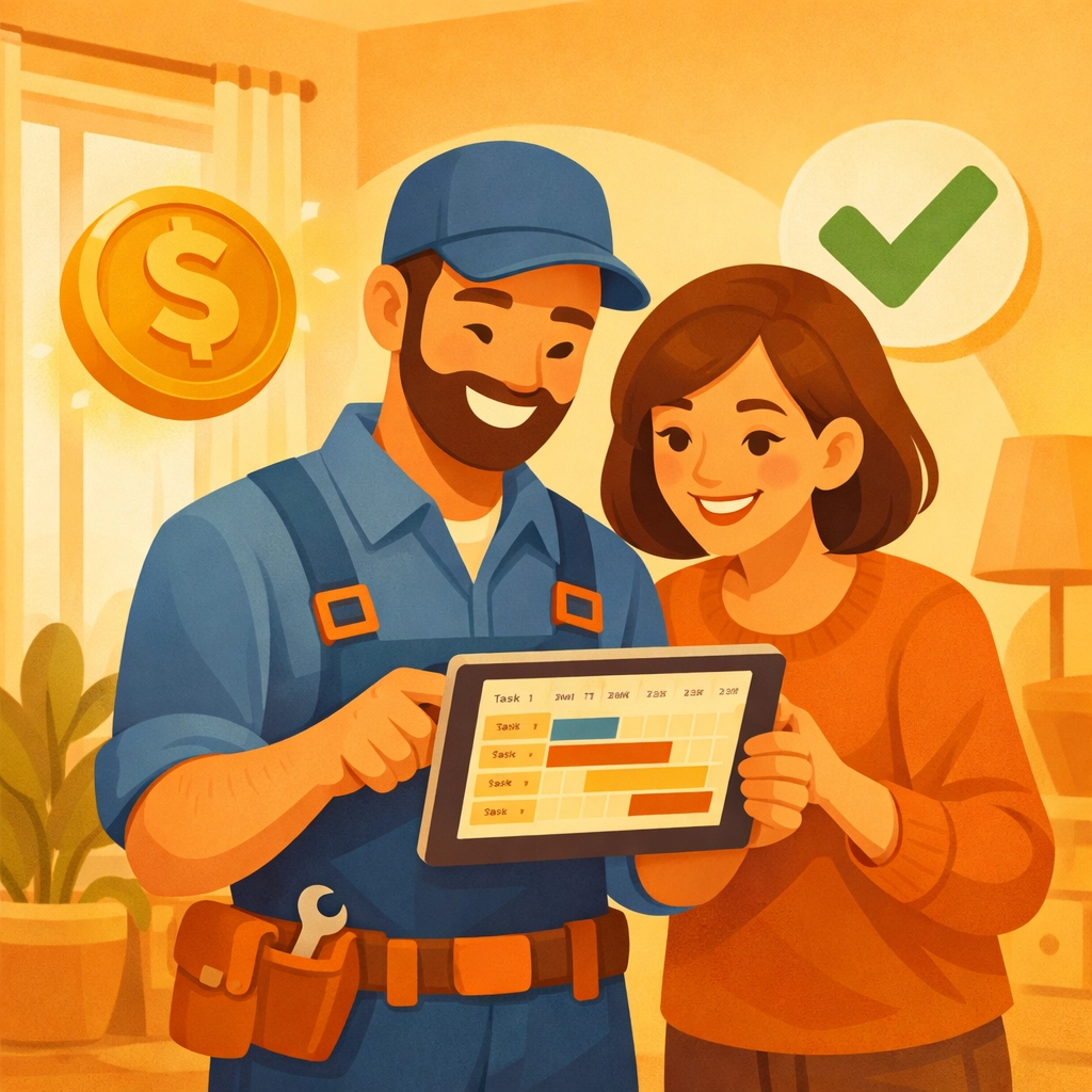 Contractor and customer reviewing a job photo timeline to confirm work completion and payment.