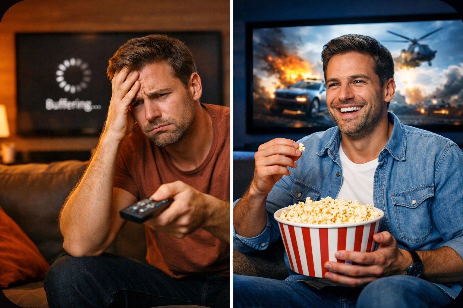 Side-by-side of frustrated buffering and seamless movie night, illustrating the impact of network upgrades.