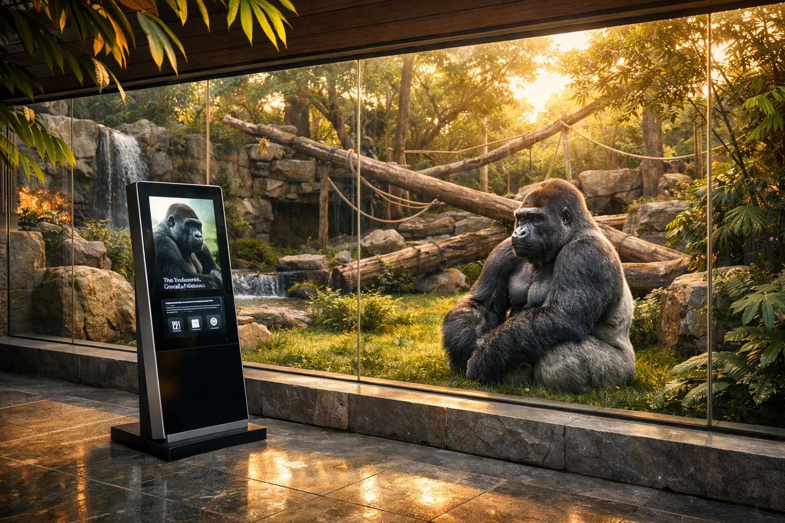 Digital signage kiosk at a primate habitat showing strategic brand alignment in a zoo environment.