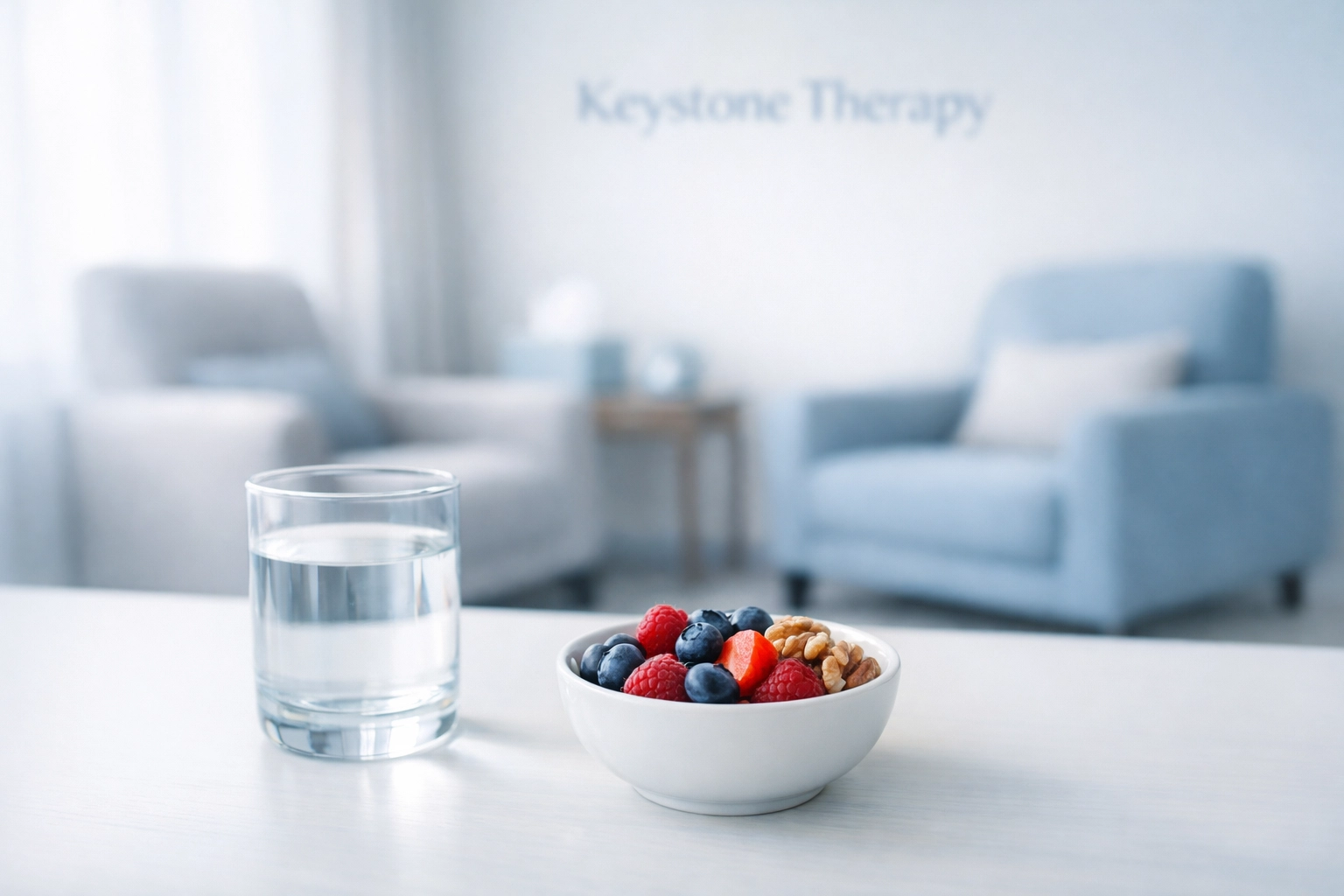 Modern therapy room with healthy food, representing holistic mind-body integration and gut health.
