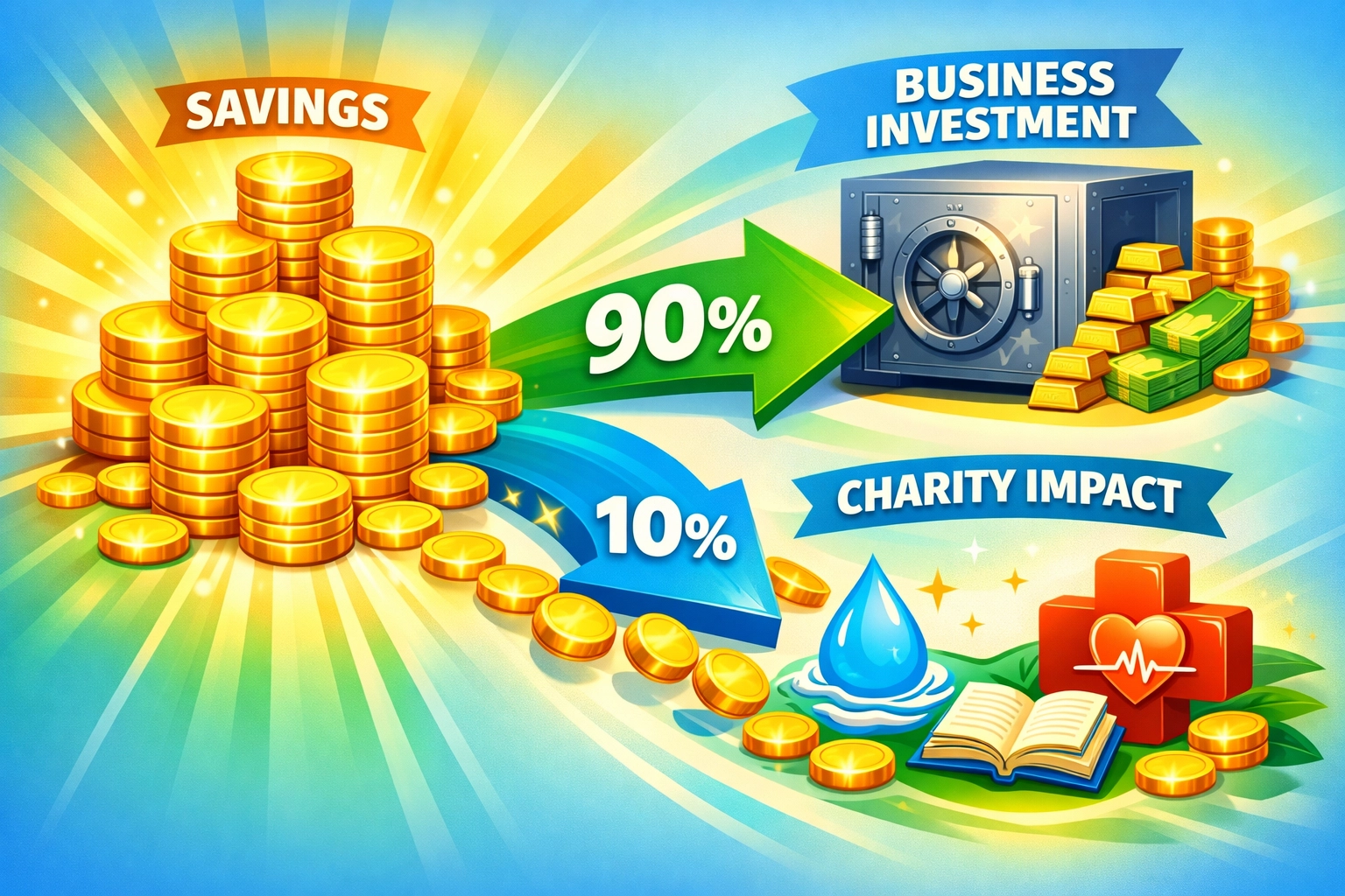 Merchant savings allocation chart: 90% retained profits and 10% donated to global charitable causes