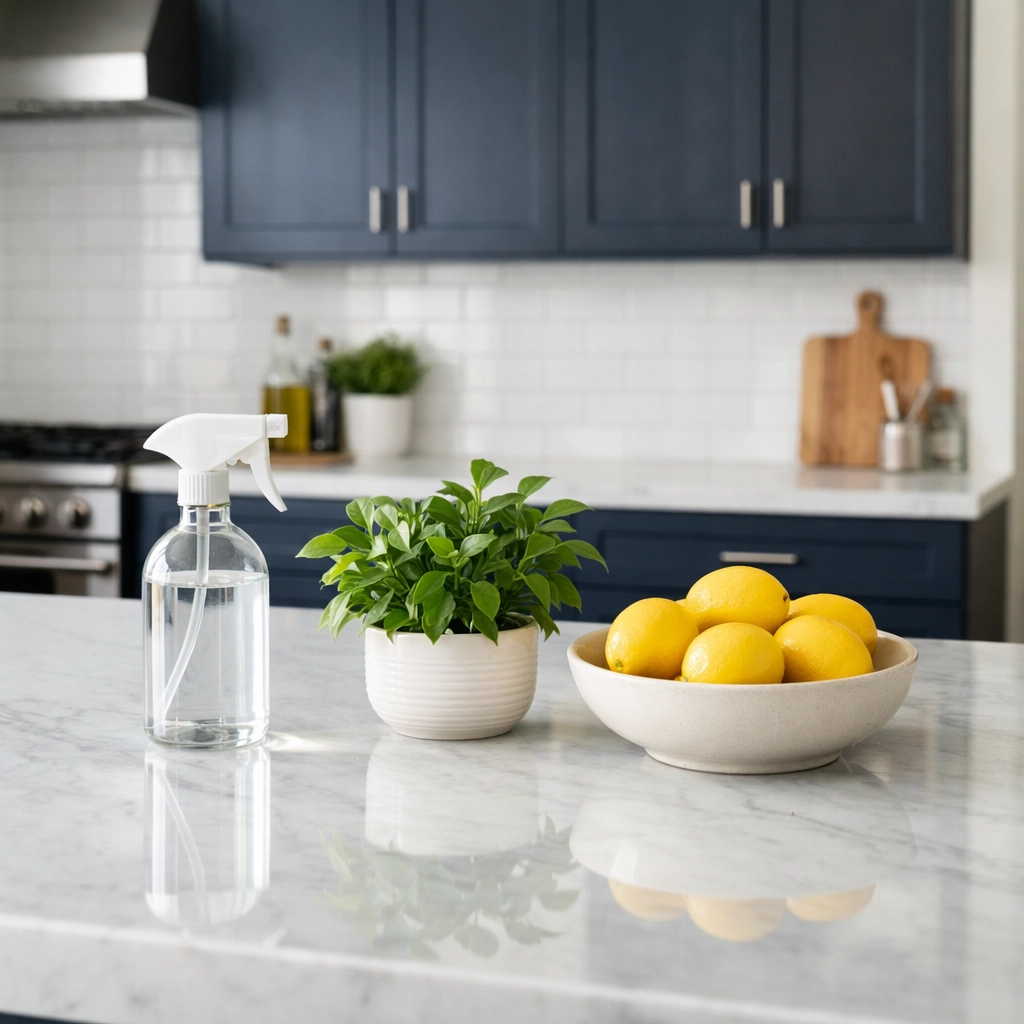 Eco-friendly house cleaning Natick MA featuring a spotless kitchen and polished marble countertops.