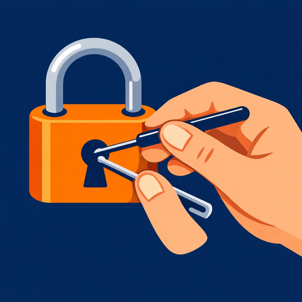 Locksmith using a pick and tension wrench to open a brass lock with physical intuition.