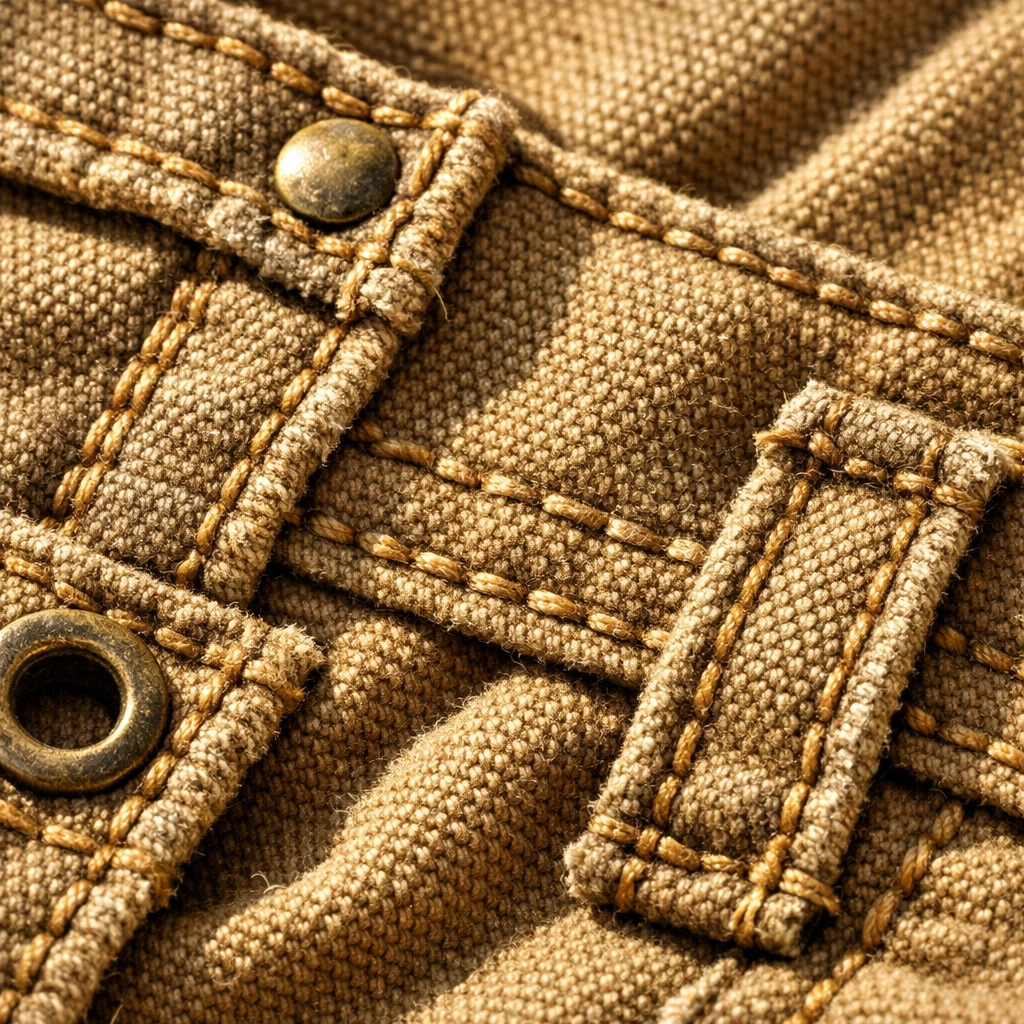 Close-up of durable reinforced duck canvas fabric used for heavy-duty construction workwear gear.