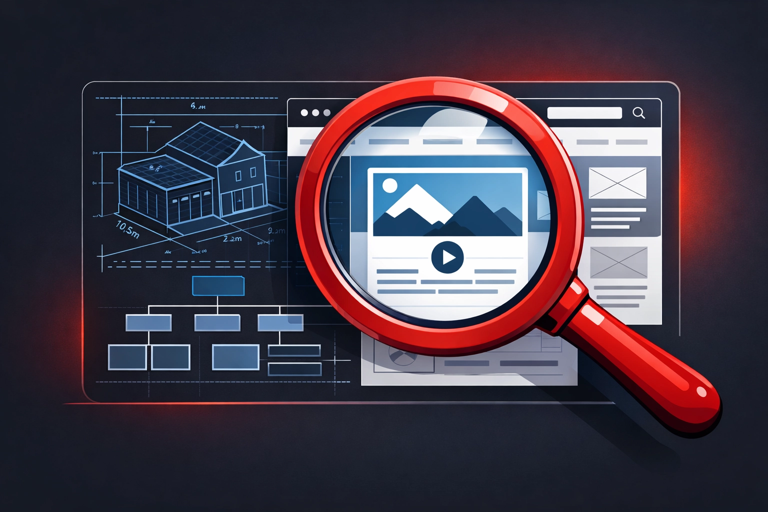 Vetting a trade website structure with a magnifying glass to avoid agency red flags.