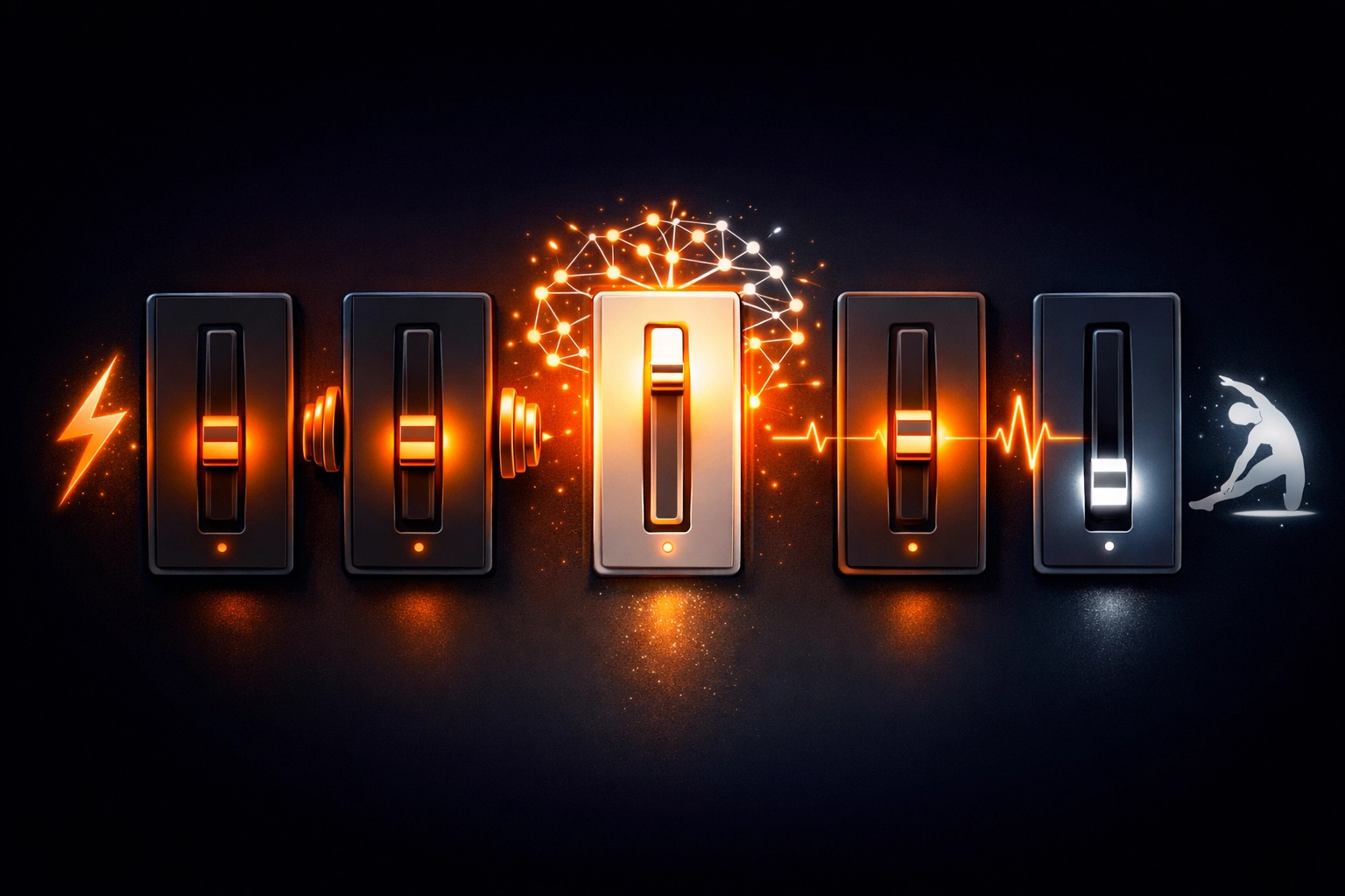 Five dimmer switches representing bio-motor abilities: speed, strength, endurance, flexibility, coordination