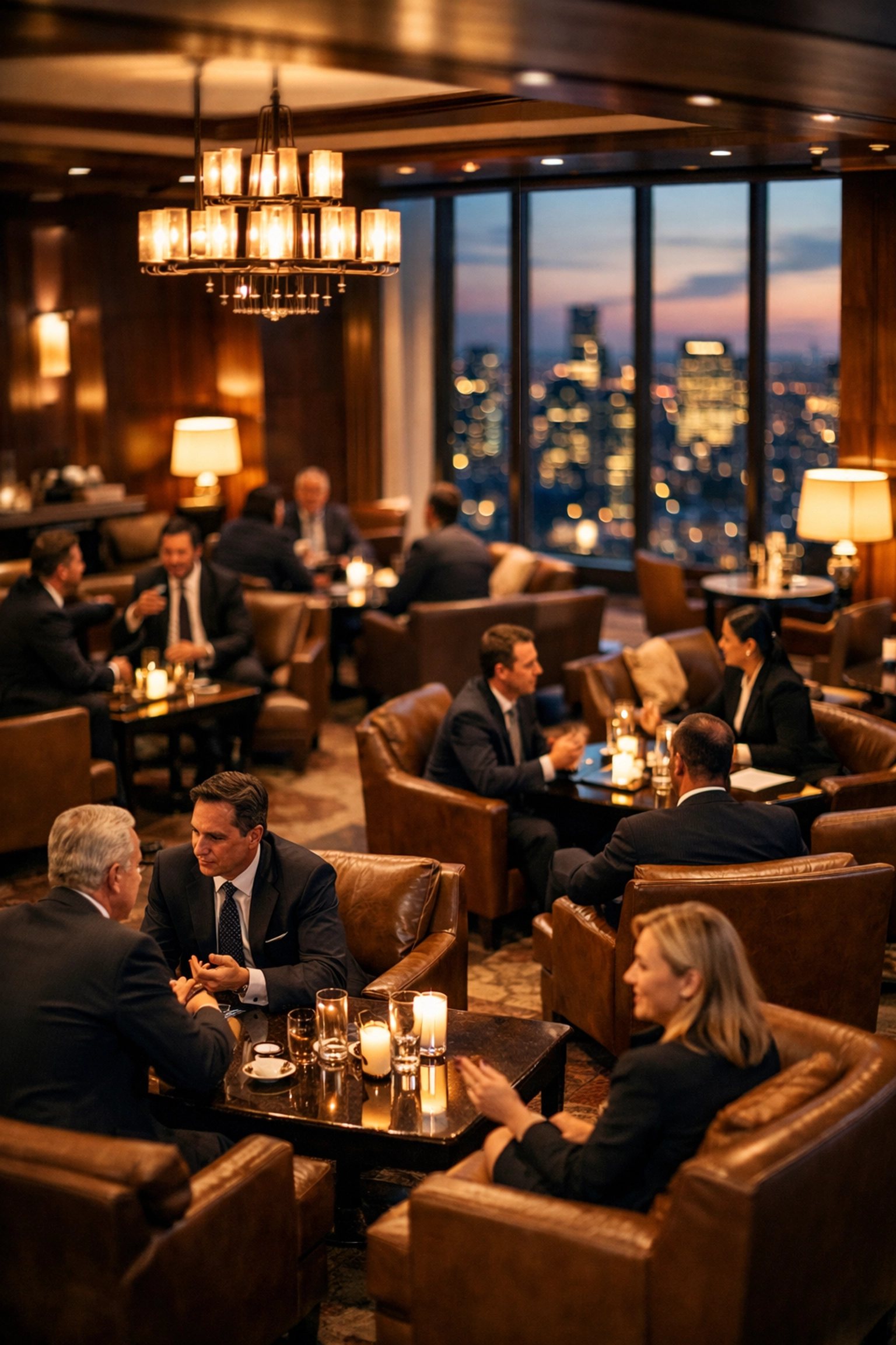 NEWSLETTER Executive lounge with business professionals networking during Super Bowl corporate travel