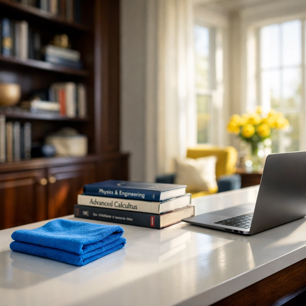 Professional house cleaning Worcester MA results in a dust-free home office with polished dark wood surfaces.