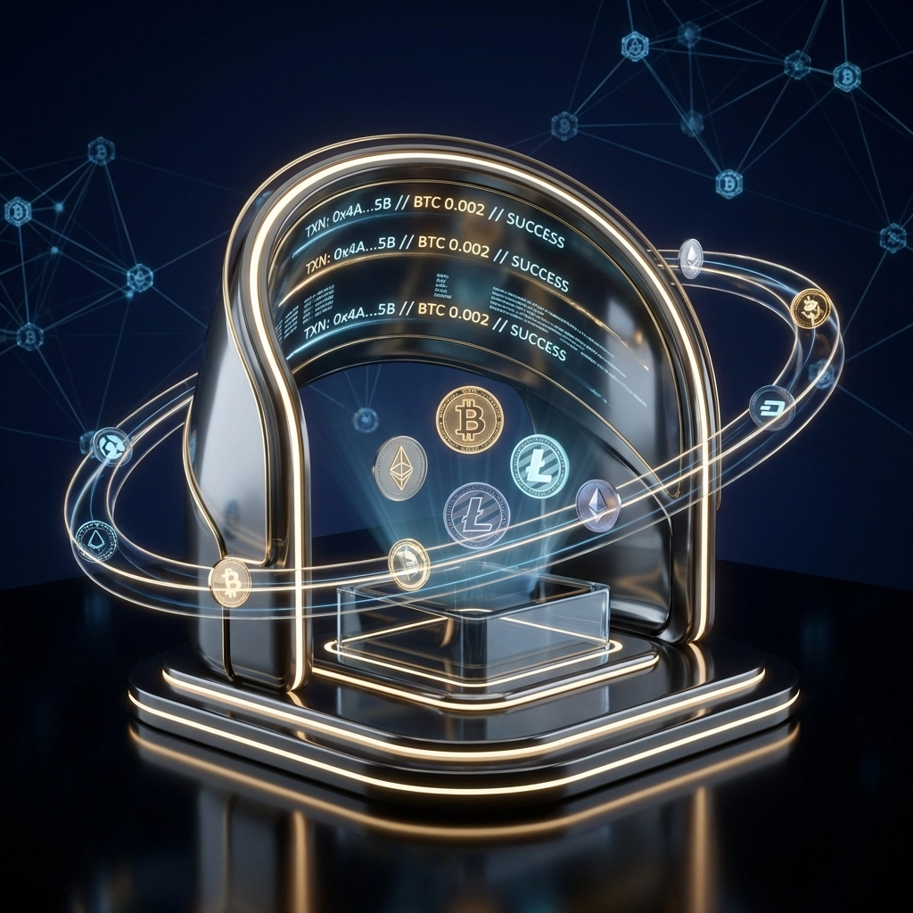 Futuristic payment terminal with cryptocurrency symbols, showcasing Larecoin's innovative Web3 payment technology