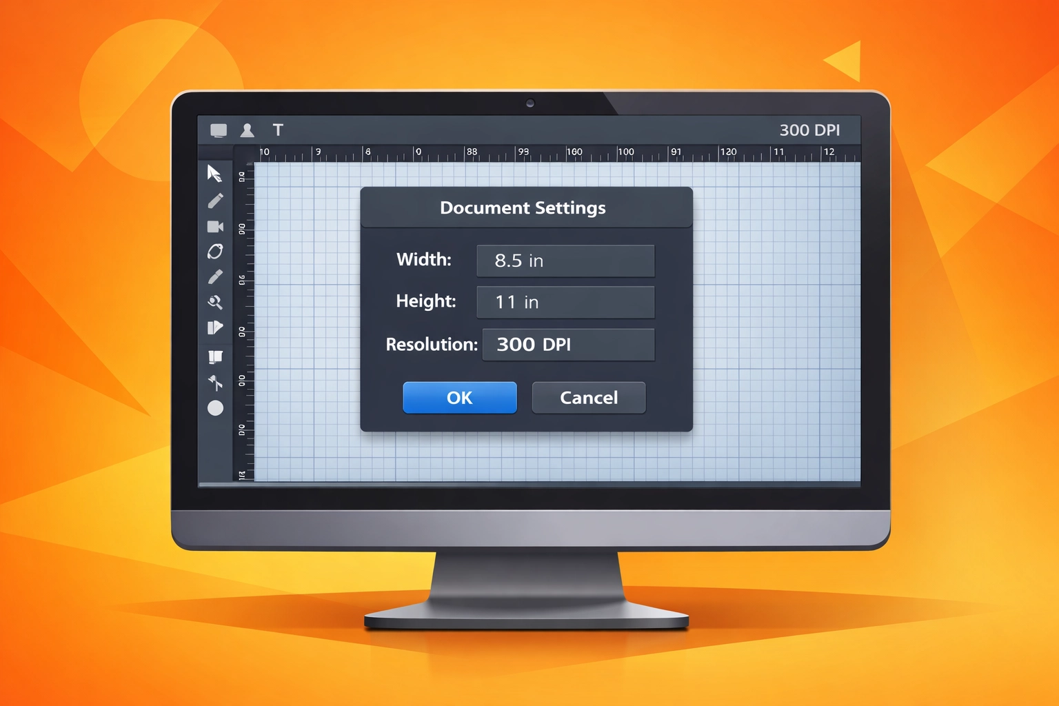 Design software showing 300 DPI resolution settings and document dimensions for print-ready files