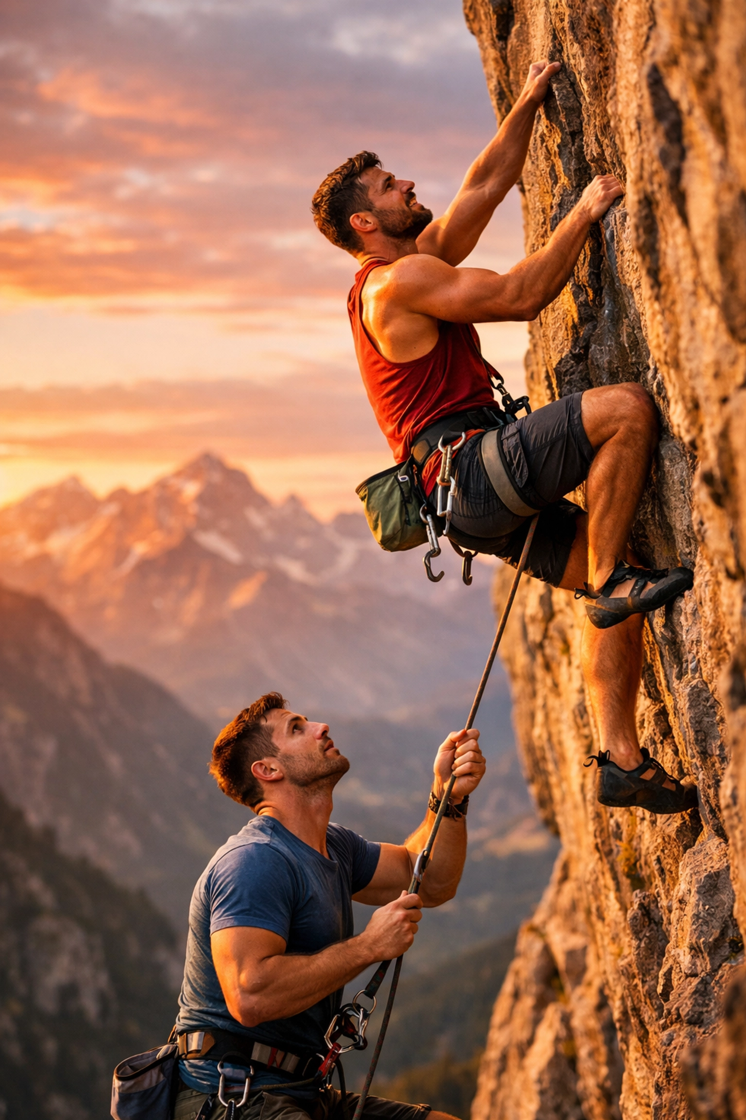 Two gay men rock climbing together at sunset, demonstrating trust and adrenaline in extreme sports