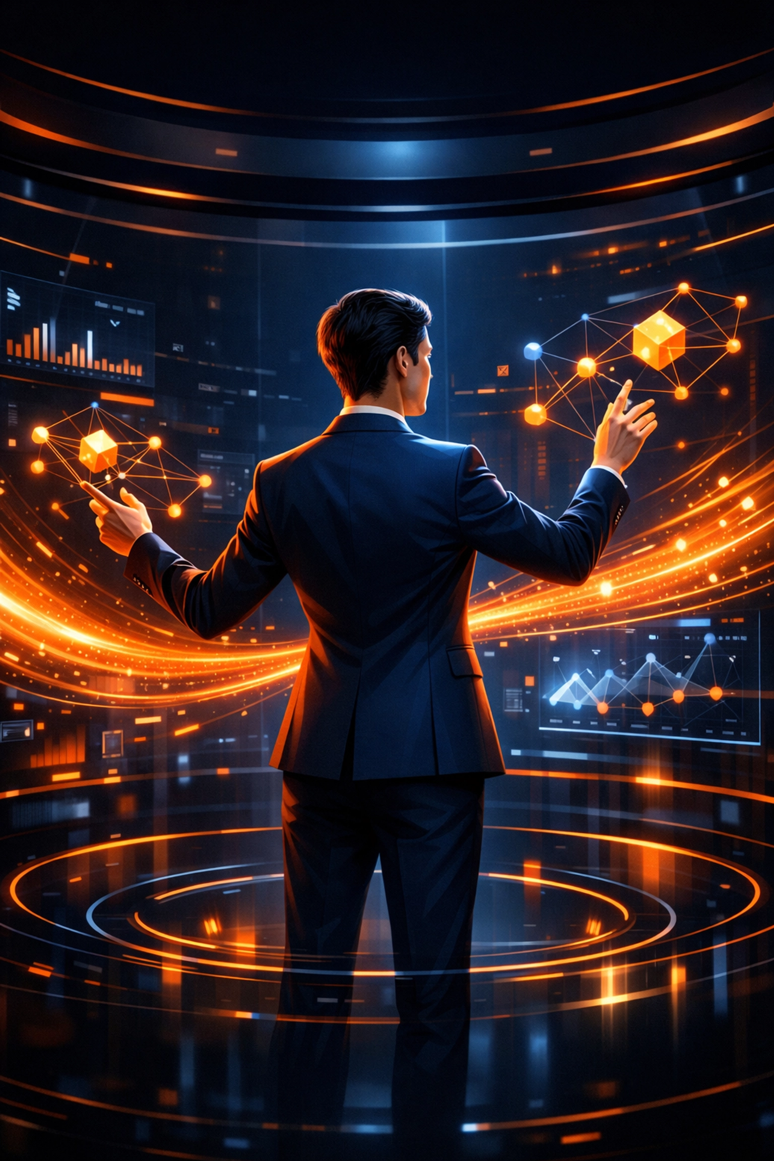 Eine Führungskraft steuert digitale Datenströme als Experte für moderne Unternehmenskultur.