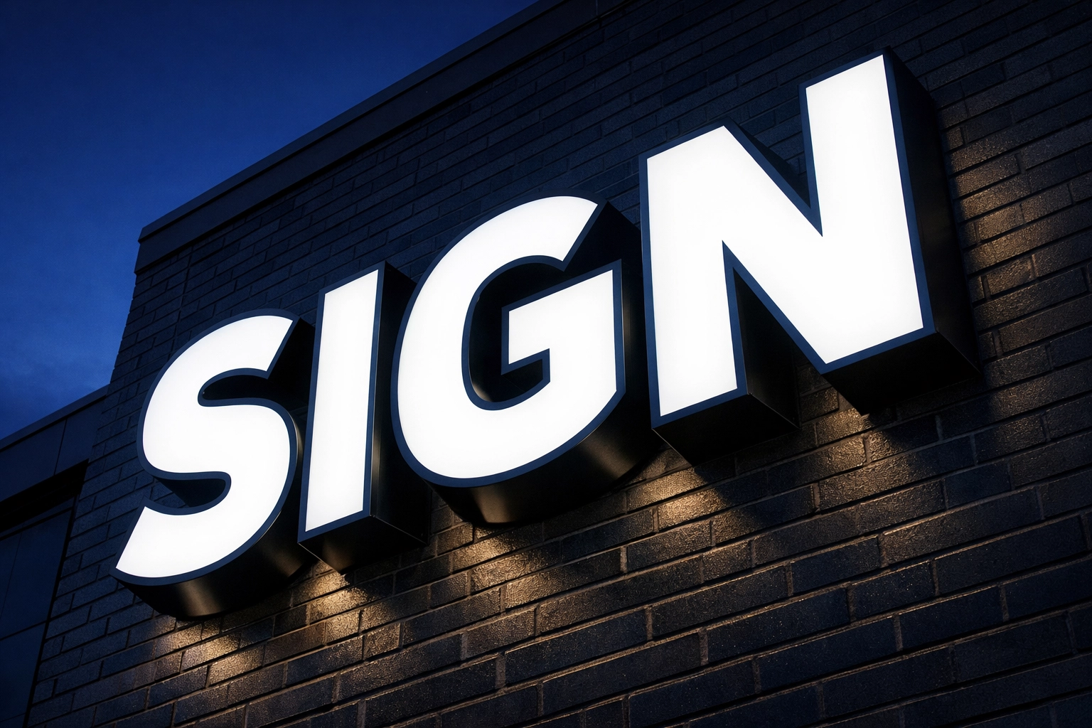 Modern 3D channel letter signs for Dallas businesses featuring vibrant LED illumination on brick walls.