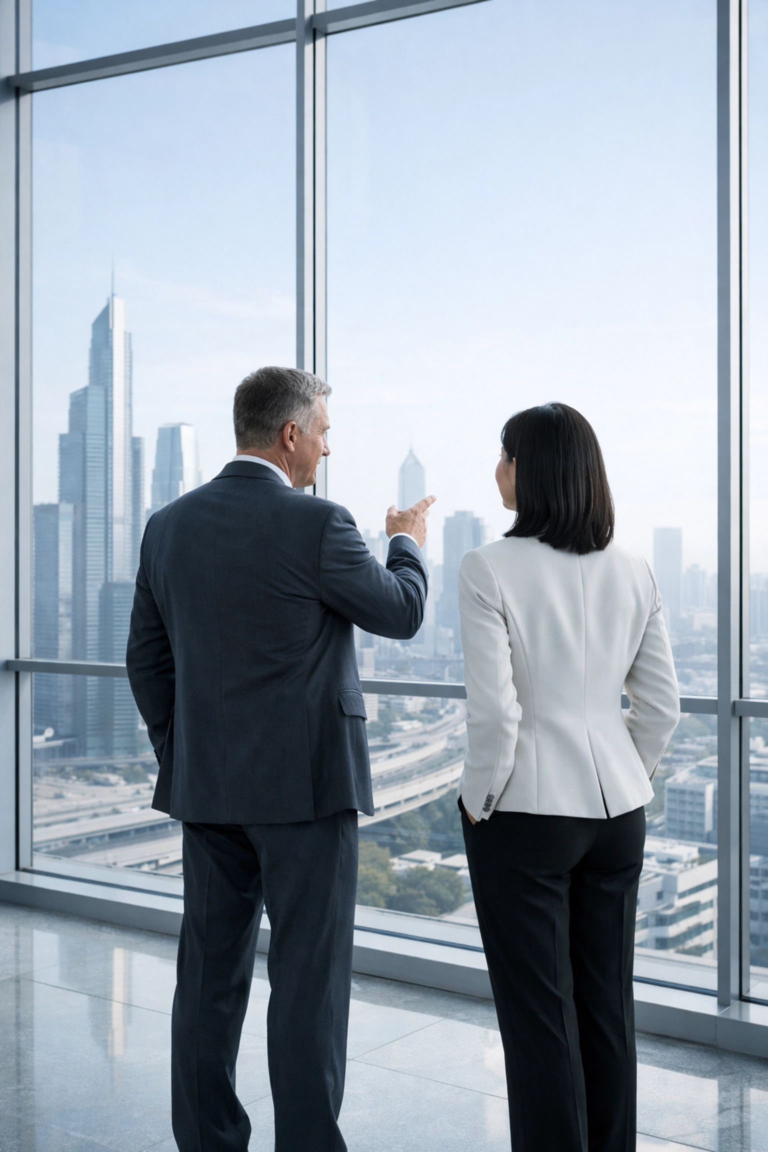 Professionals looking at a skyline, visualizing business growth and strategic brand authority.