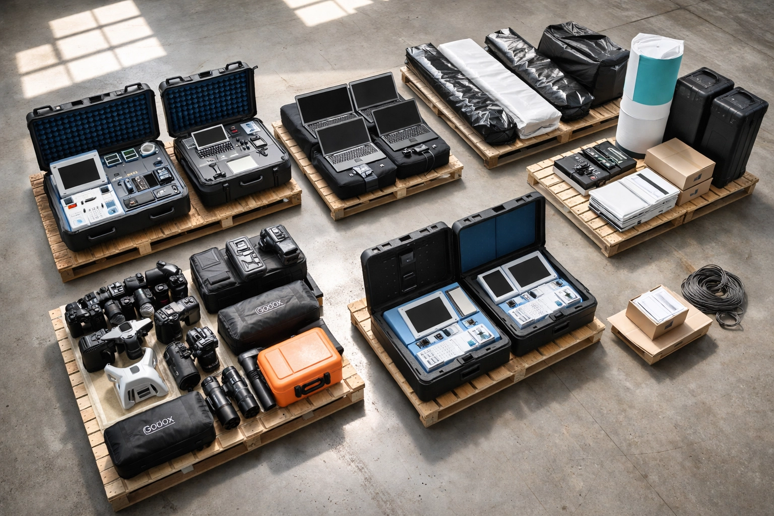 Warehouse floor with medical devices, laptops, and trade show materials packed for shipping, highlighting equipment coverage in transit.