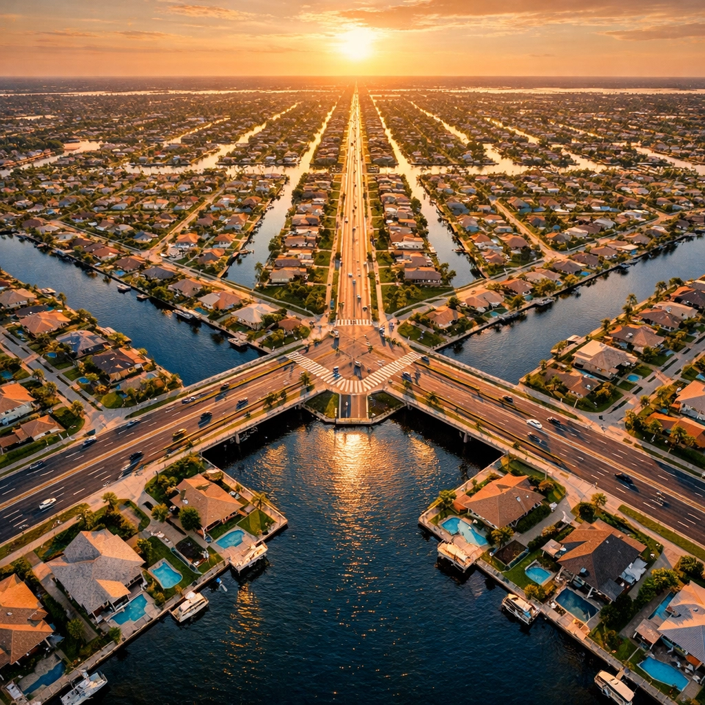 Aerial view of Cape Coral quadrants and canal grid system showing unique city layout.