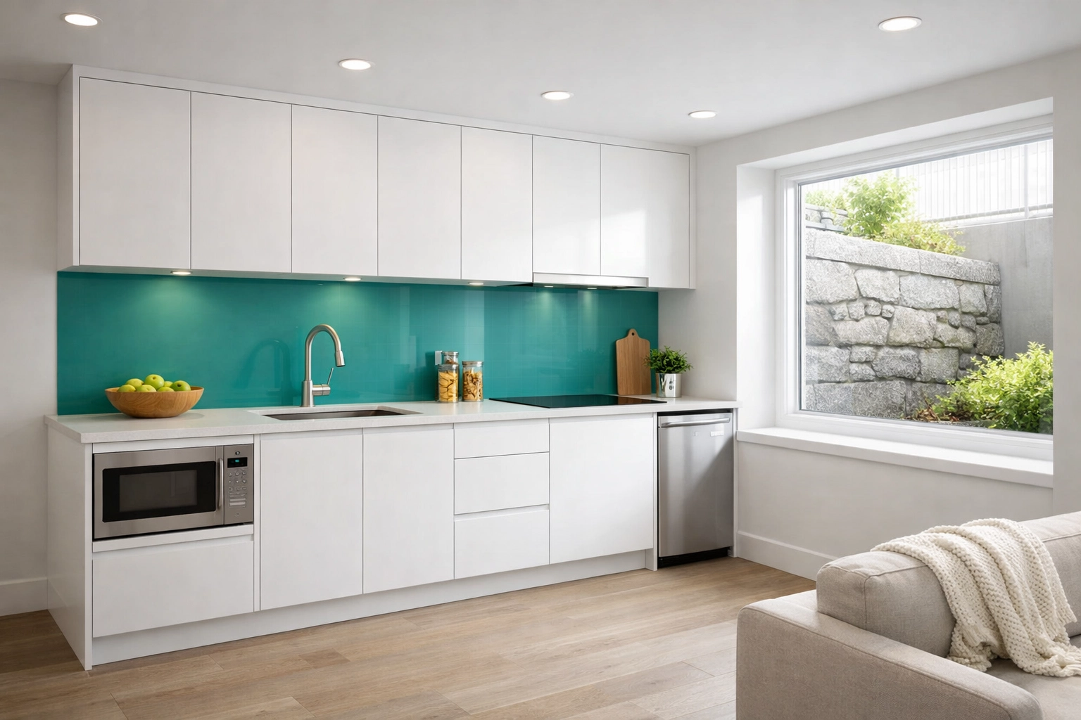 Bright Saskatoon basement legal suite with a minimalist white kitchenette and large natural light window.