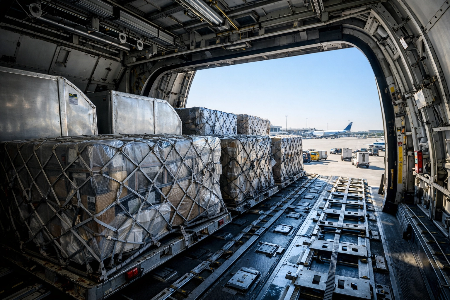 Secure cargo containers and ULDs inside aircraft hold ready for air freight transport