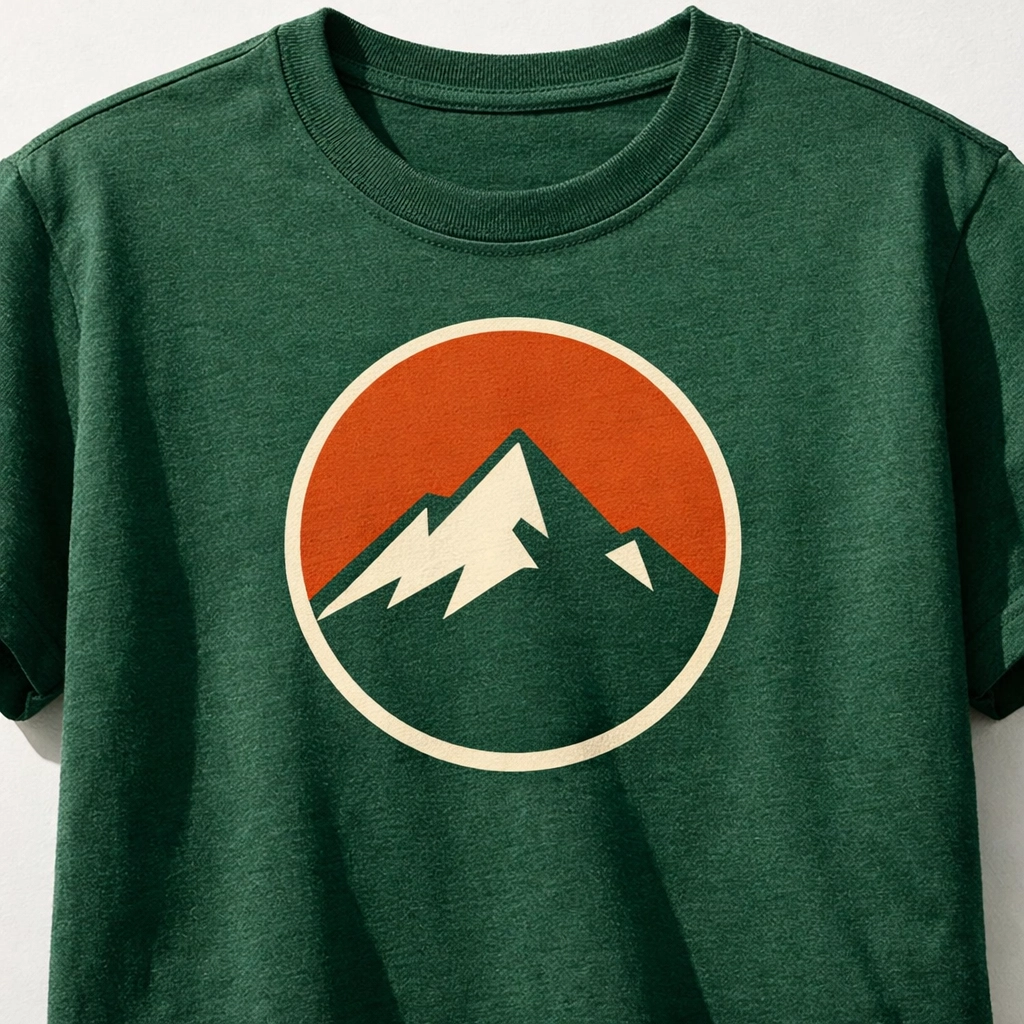 Custom camp t-shirt with bold mountain peak graphic in simple two-color design