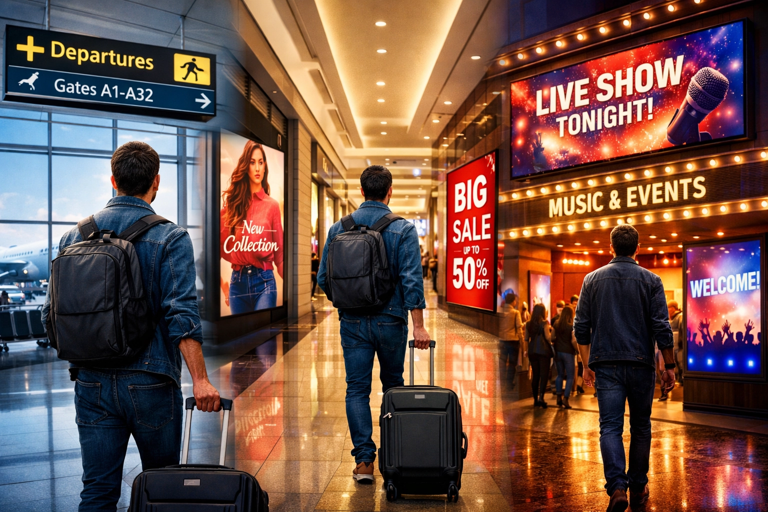 Coordinated digital signage customer journey from airport to retail to entertainment venue showing brand consistency