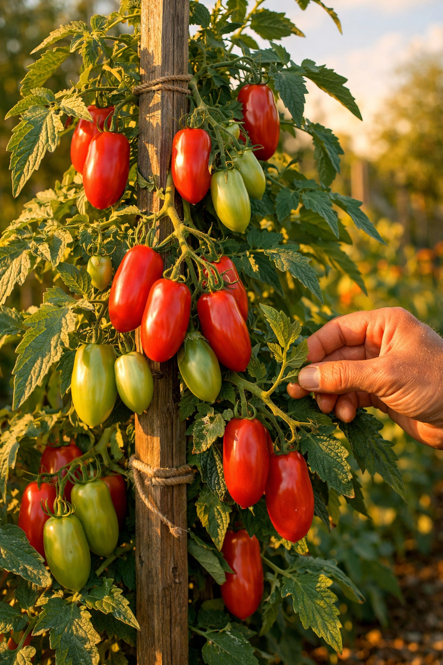 Mature San Marzano tomato plant staked and loaded with elongated red fruits