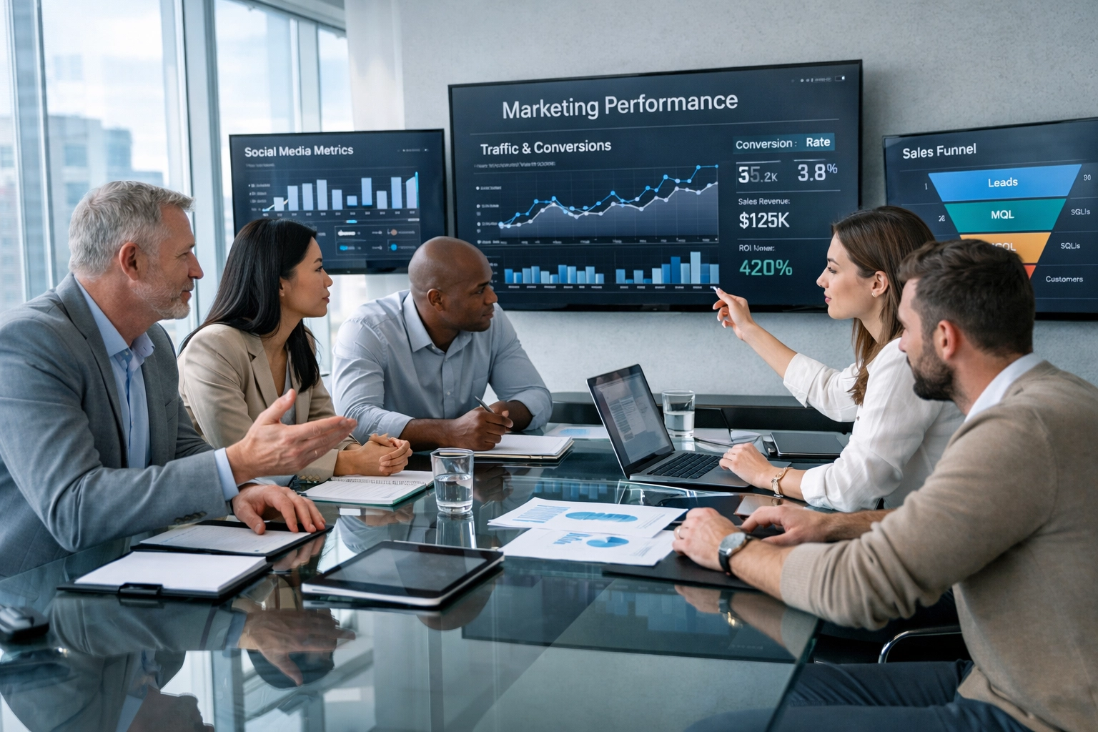 Marketing team reviewing performance data and collaborating on resilient strategy decisions