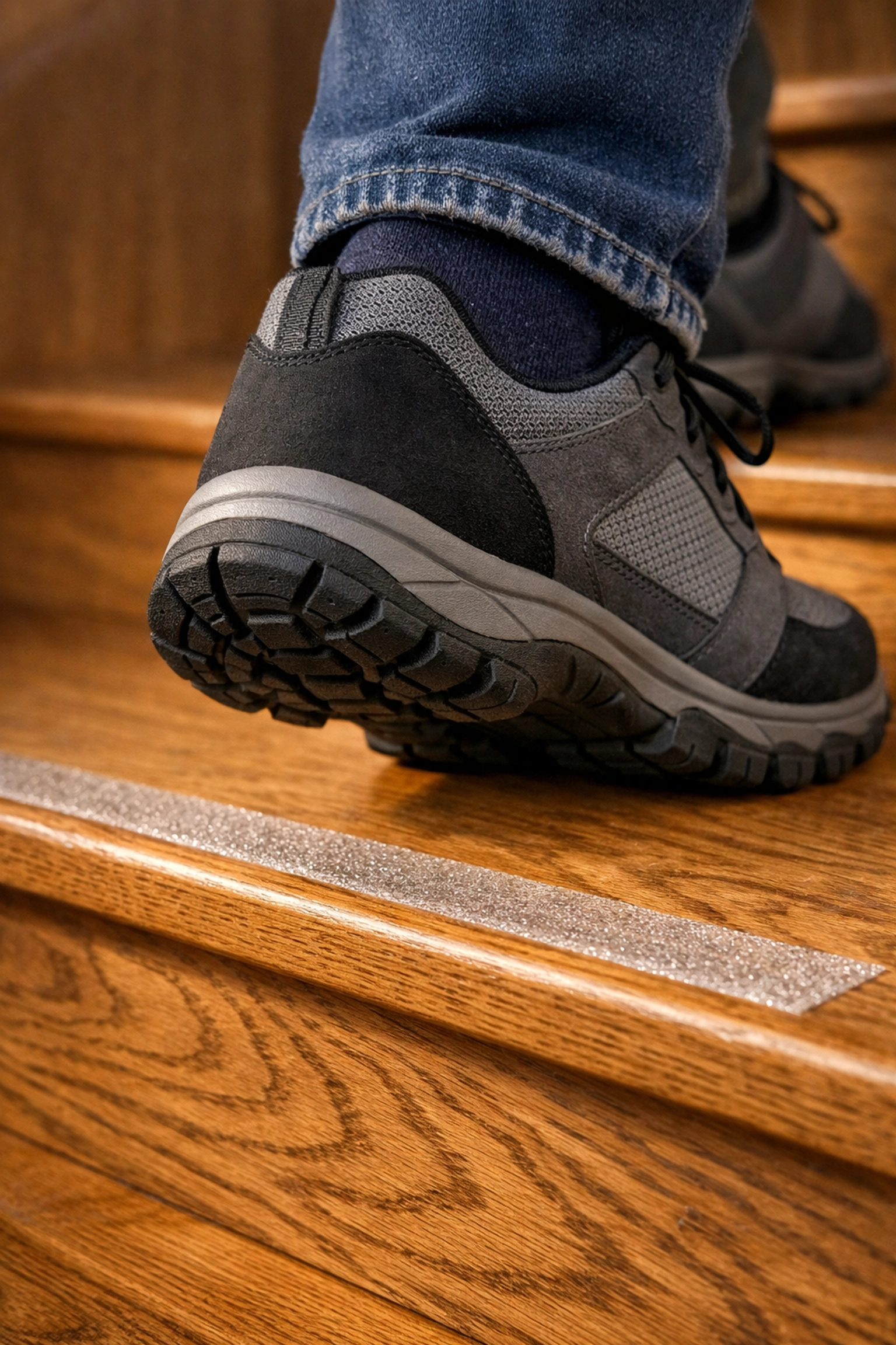 Close-up of non-slip footwear on a wooden step featuring a transparent anti-slip safety tread.