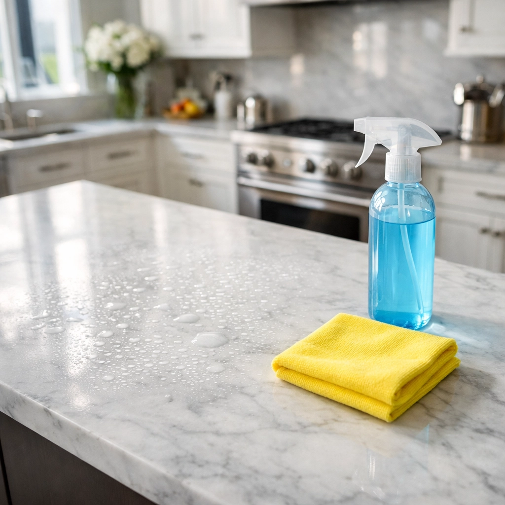 Professional kitchen surface disinfection showing dwell time on a marble island in Pepperell MA.
