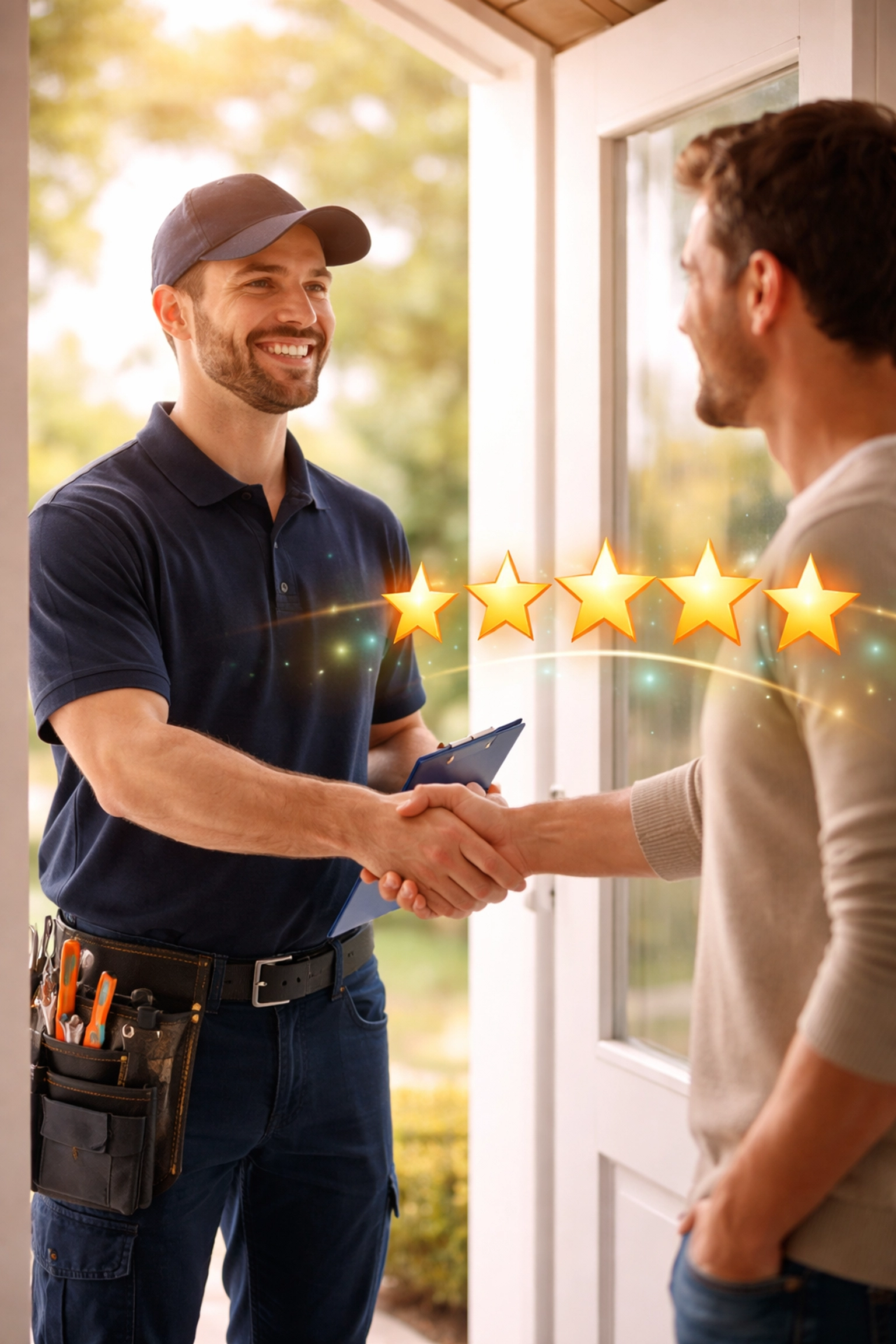 Plumber shaking hands with homeowner, symbolising 5-star reviews and trusted local service.